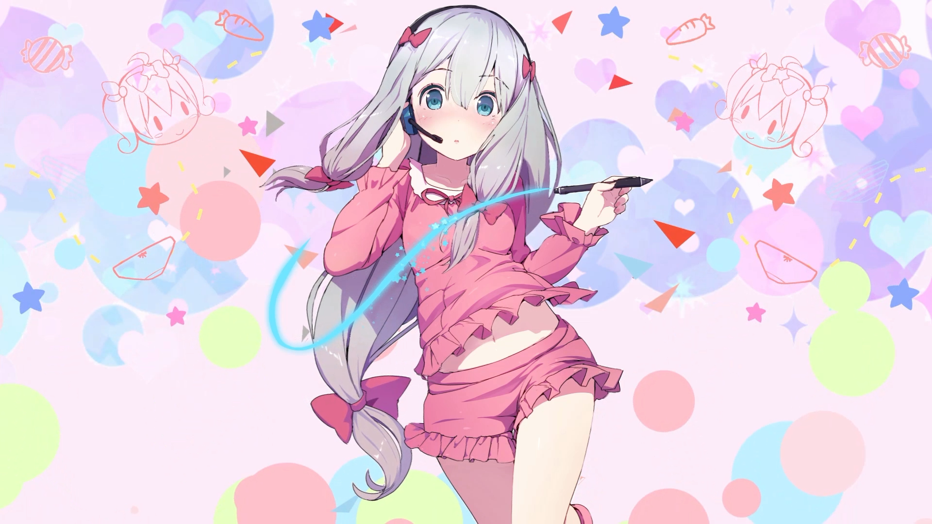 Izumi Sagiri in pink pajamas with headphones HD Wallpaper