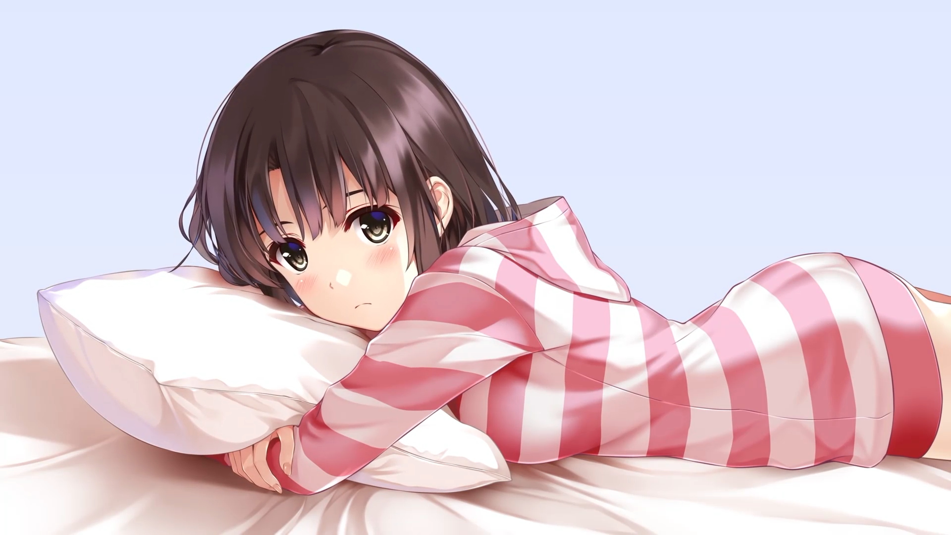 Katou Megumi in striped pajamas hugging a pillow HD Wallpaper