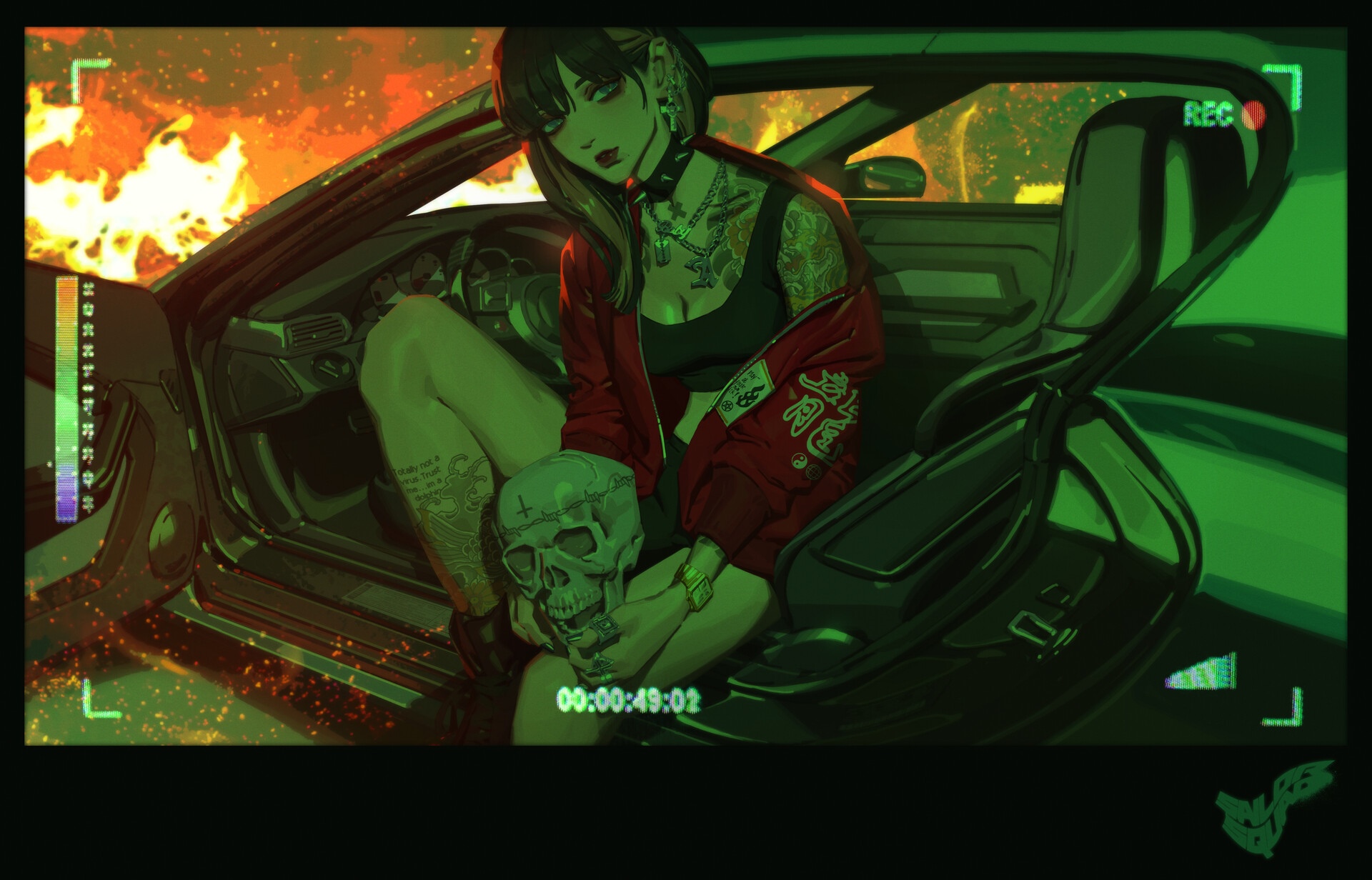 Woman with Skull in Car with Fire HD Wallpaper