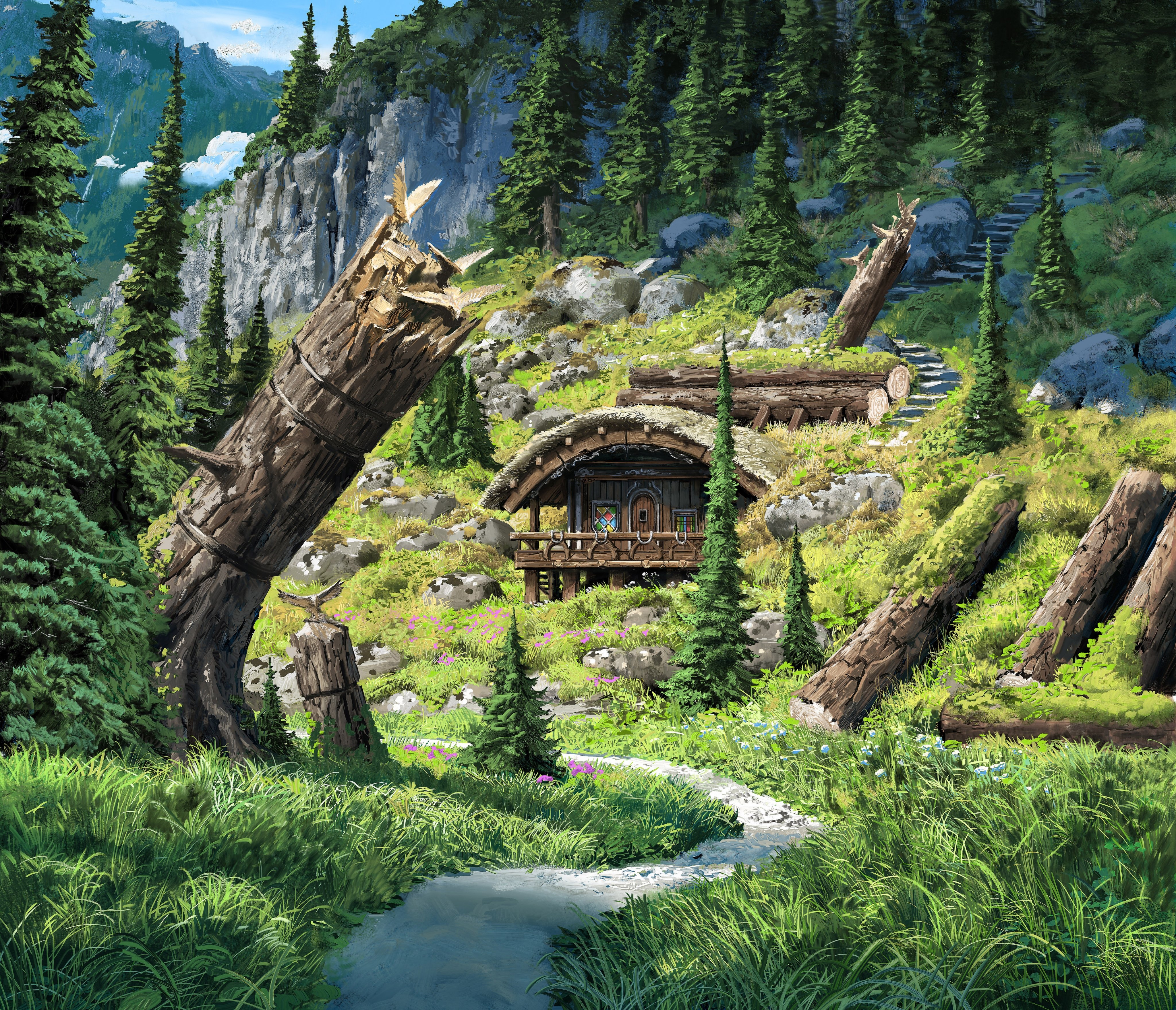 4K nature scene with trees, creek, and cabin HD Wallpaper