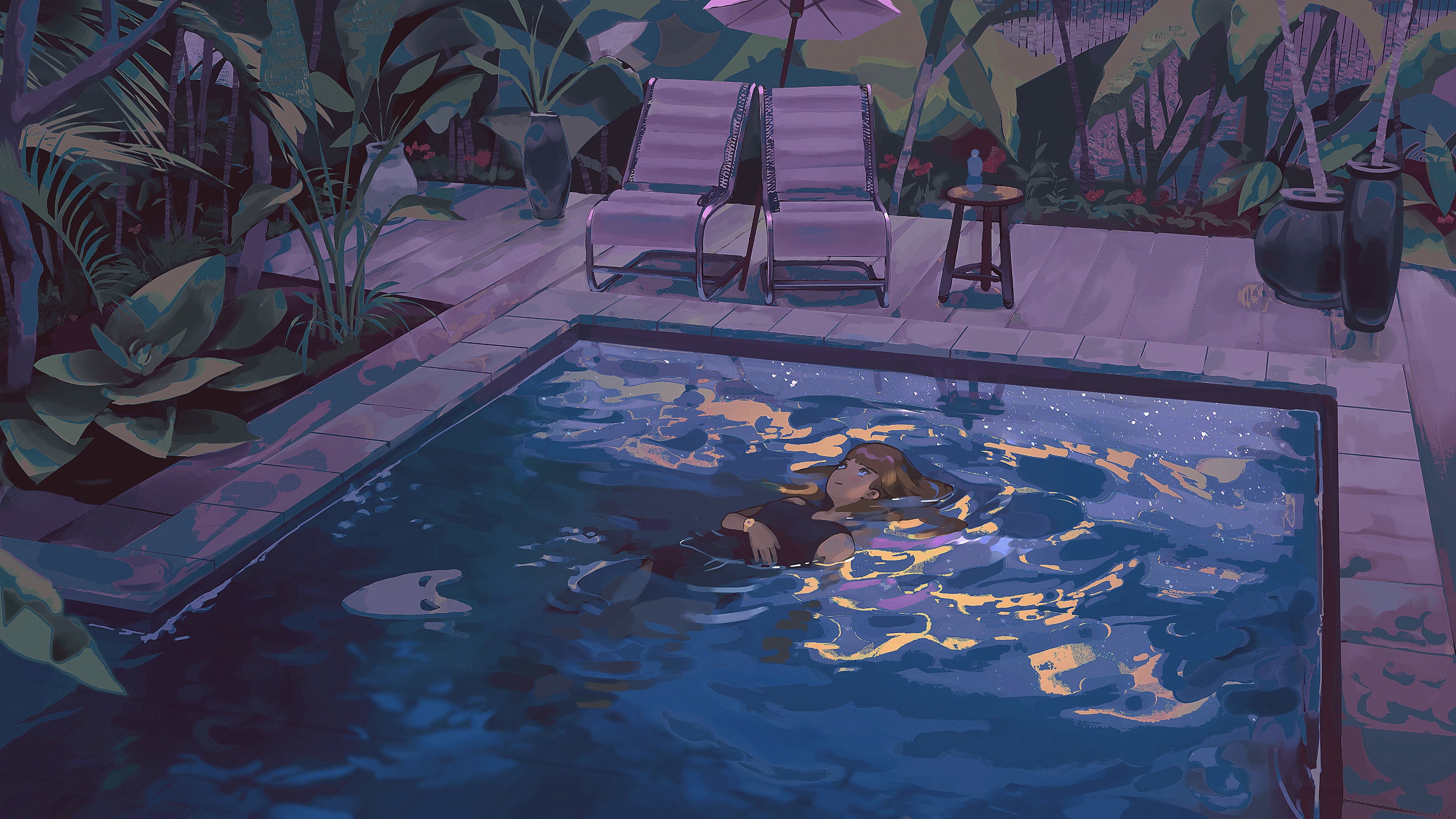 Woman floating in swimming pool at night HD Wallpaper