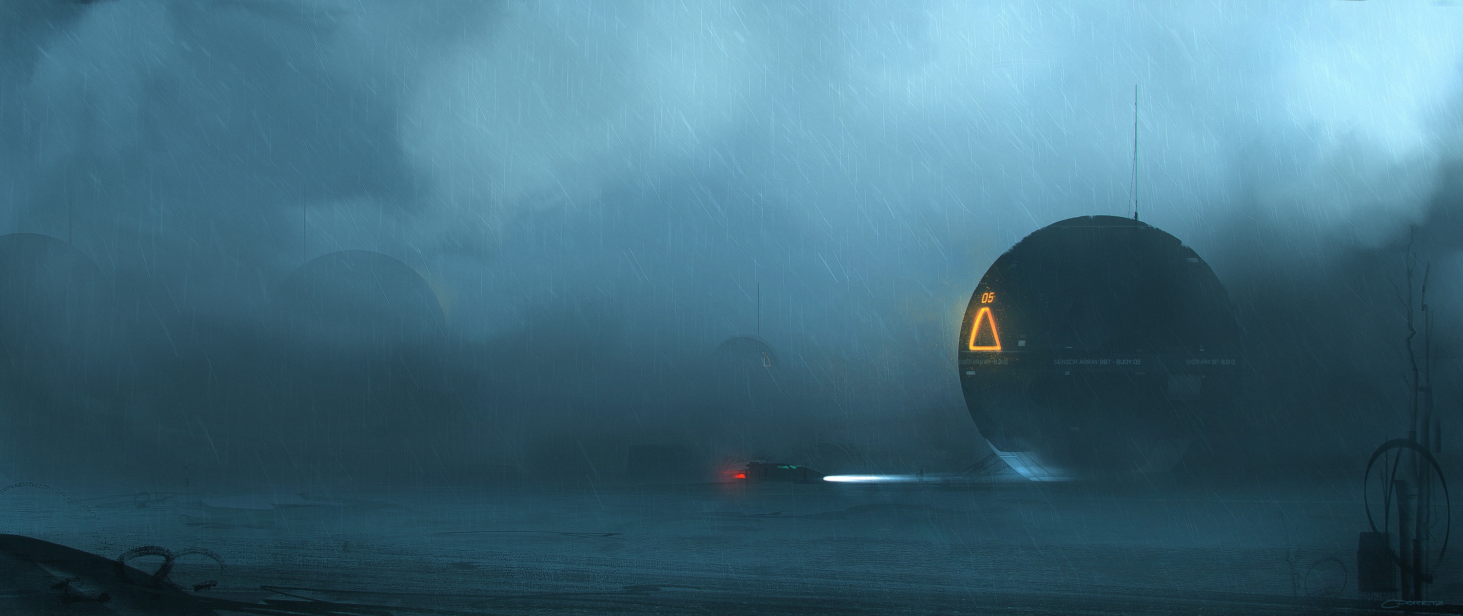 Futuristic spherical structures in the rain HD Wallpaper