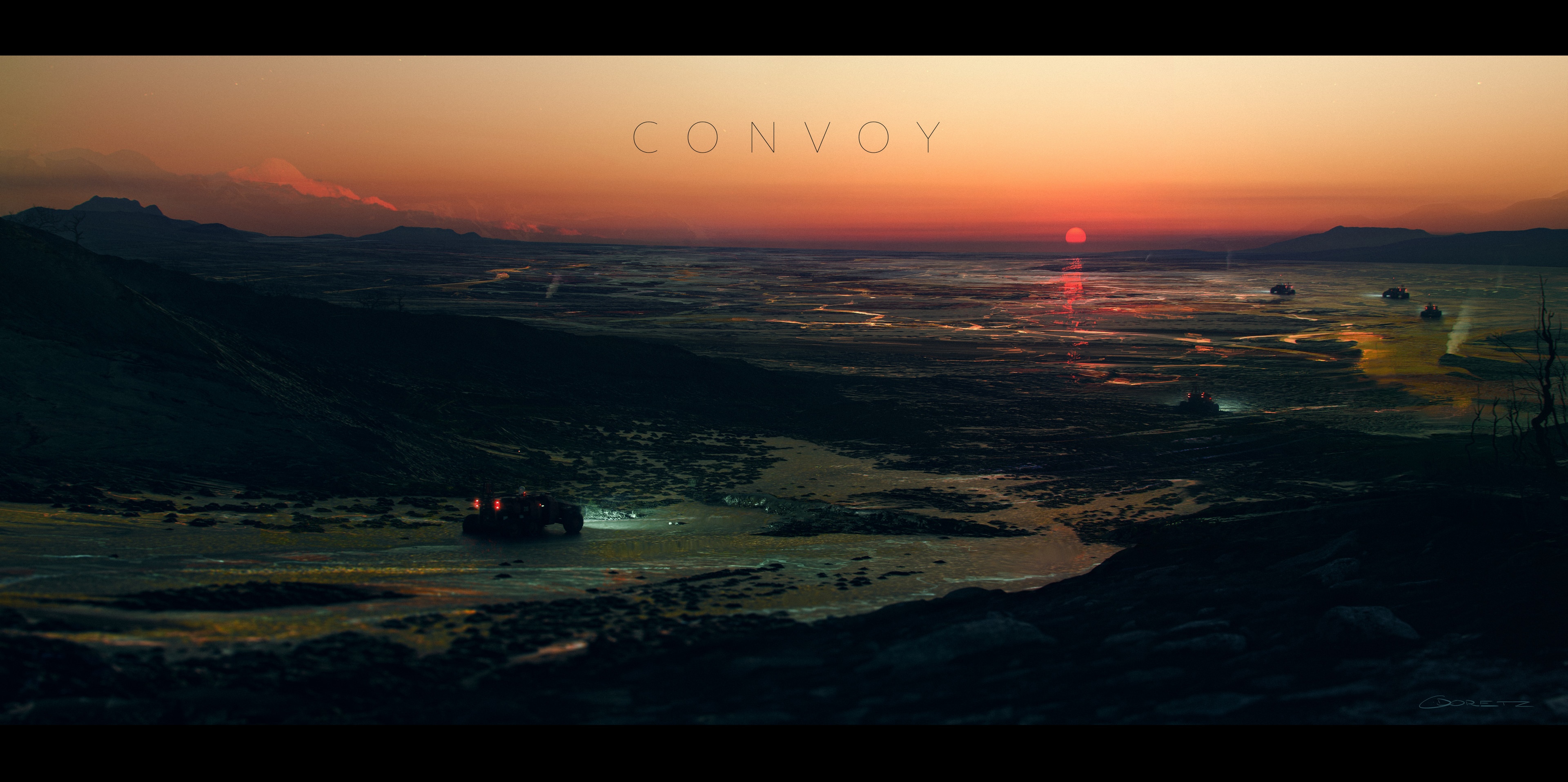 Convoy in a futuristic landscape at sunset HD Wallpaper