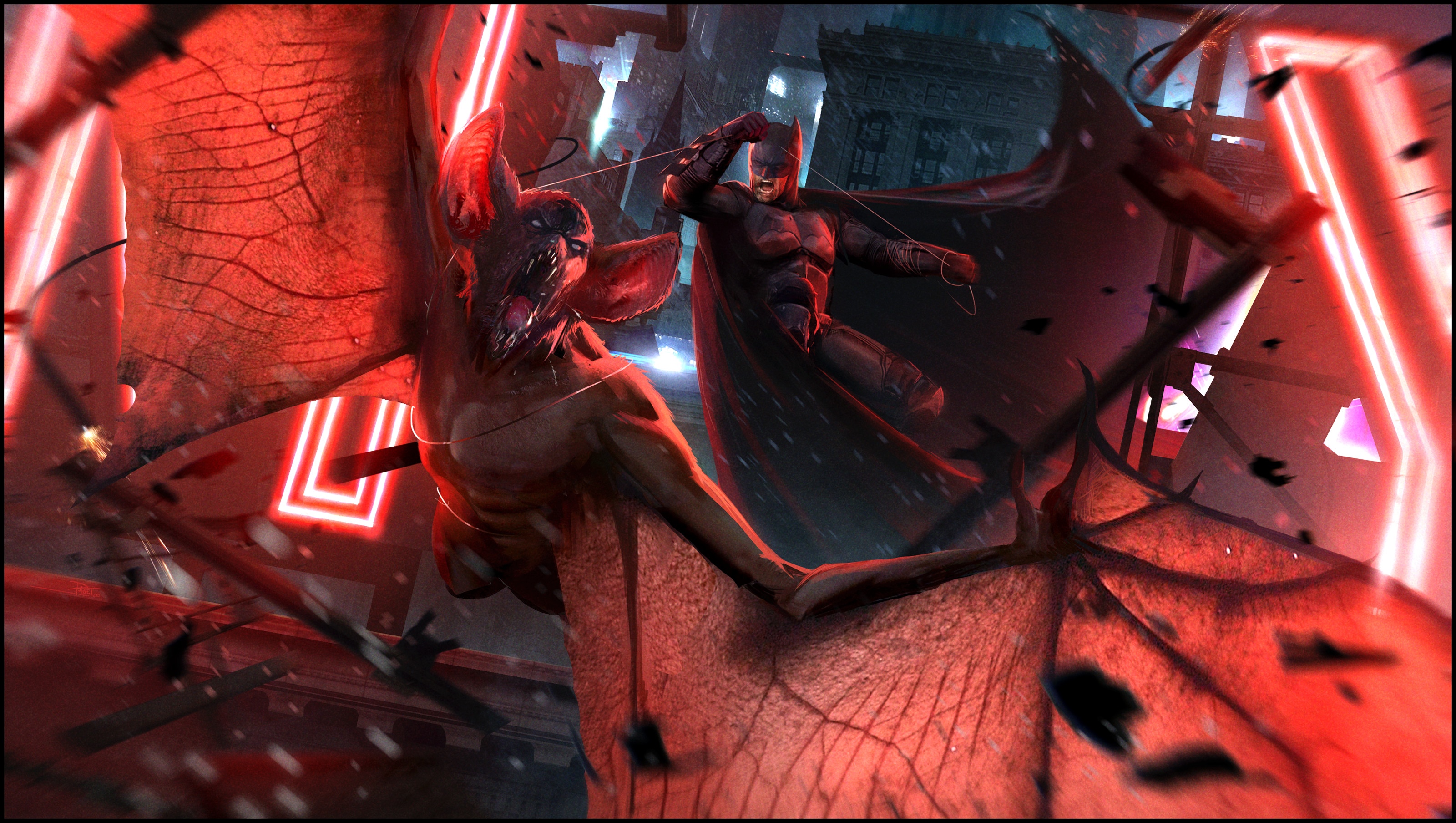 Batman fighting a giant bat creature HD Wallpaper