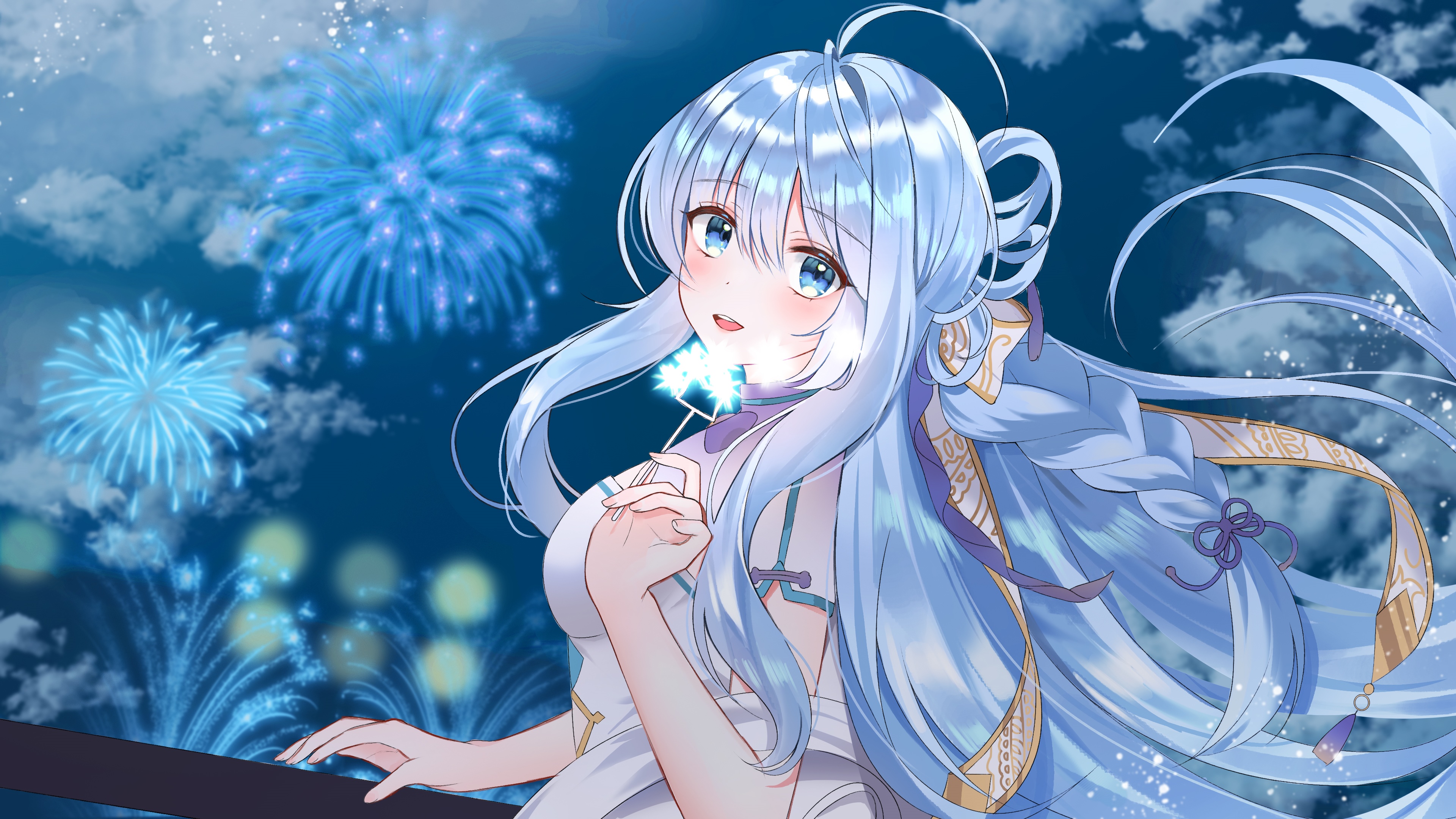 Anime girl with silver hair and blue eyes watching fireworks HD Wallpaper