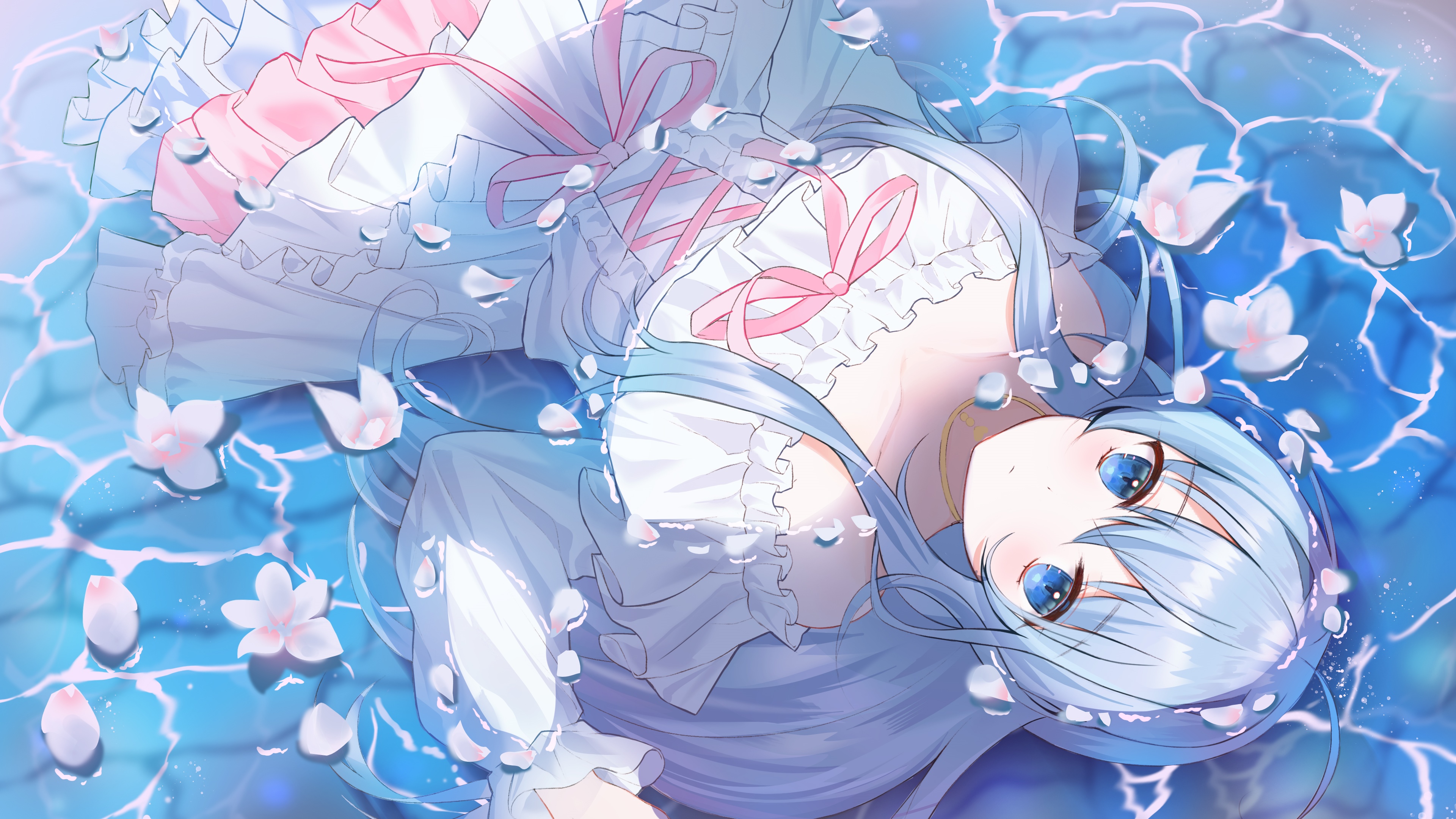 4K anime girl with blue hair and blue eyes HD Wallpaper