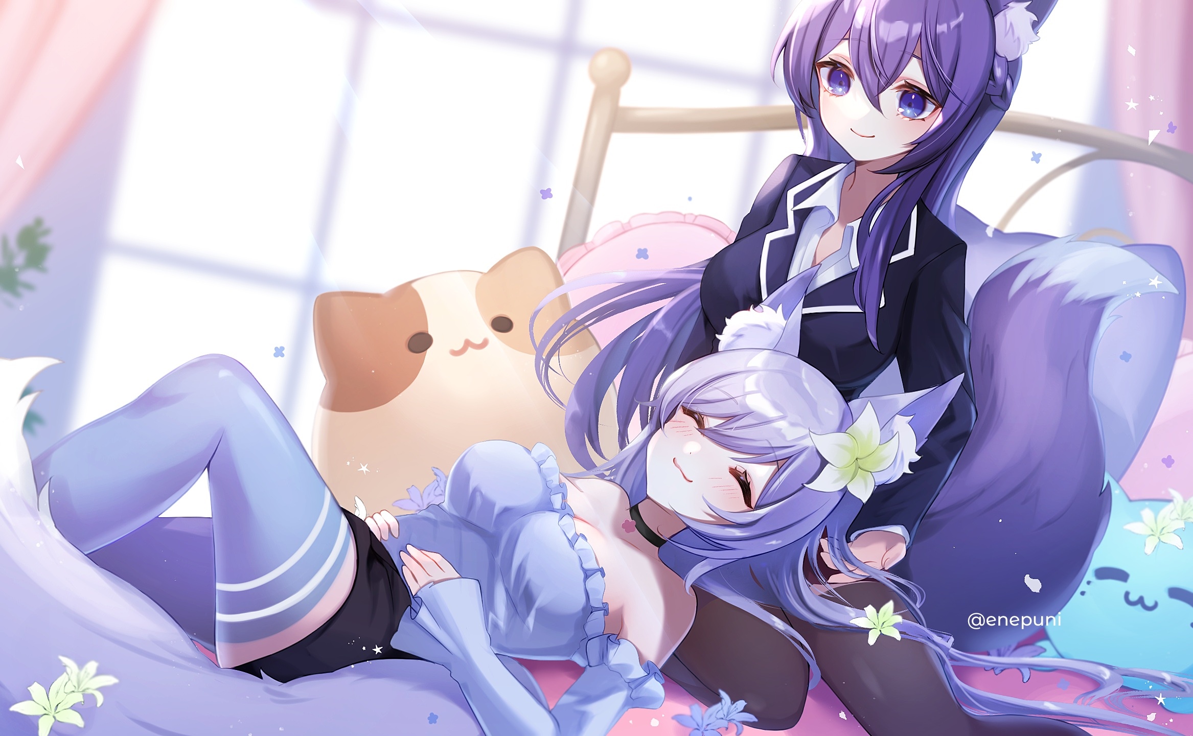 Two fox girls relaxing in bed HD Wallpaper
