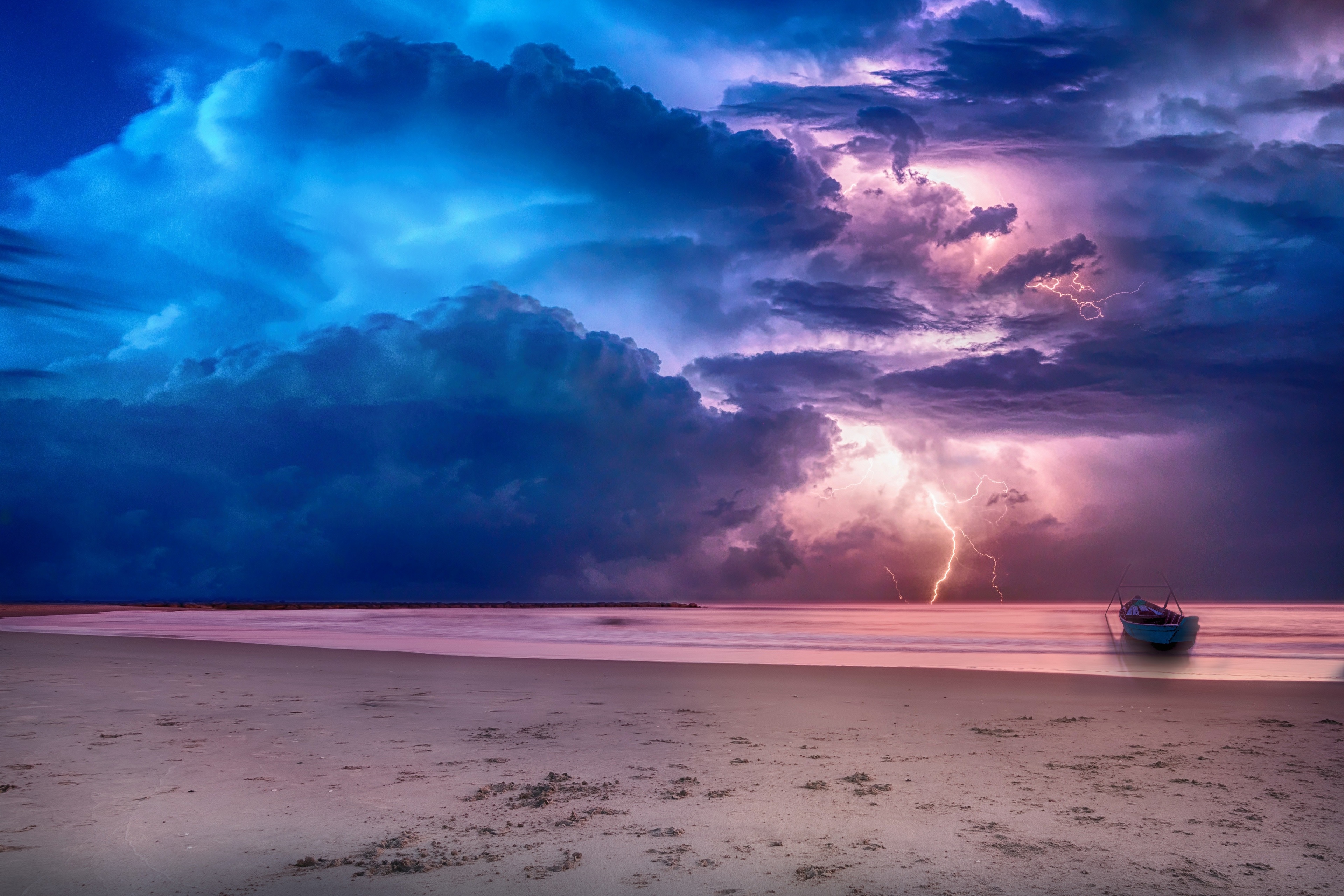 4K boat on beach during lightning storm HD Wallpaper