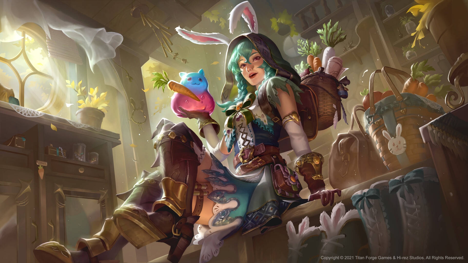 Fantasy girl with bunny ears and a creature HD Wallpaper
