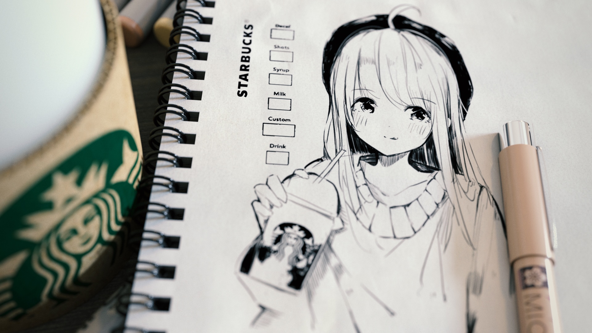 Anime girl with Starbucks drink and notebook HD Wallpaper