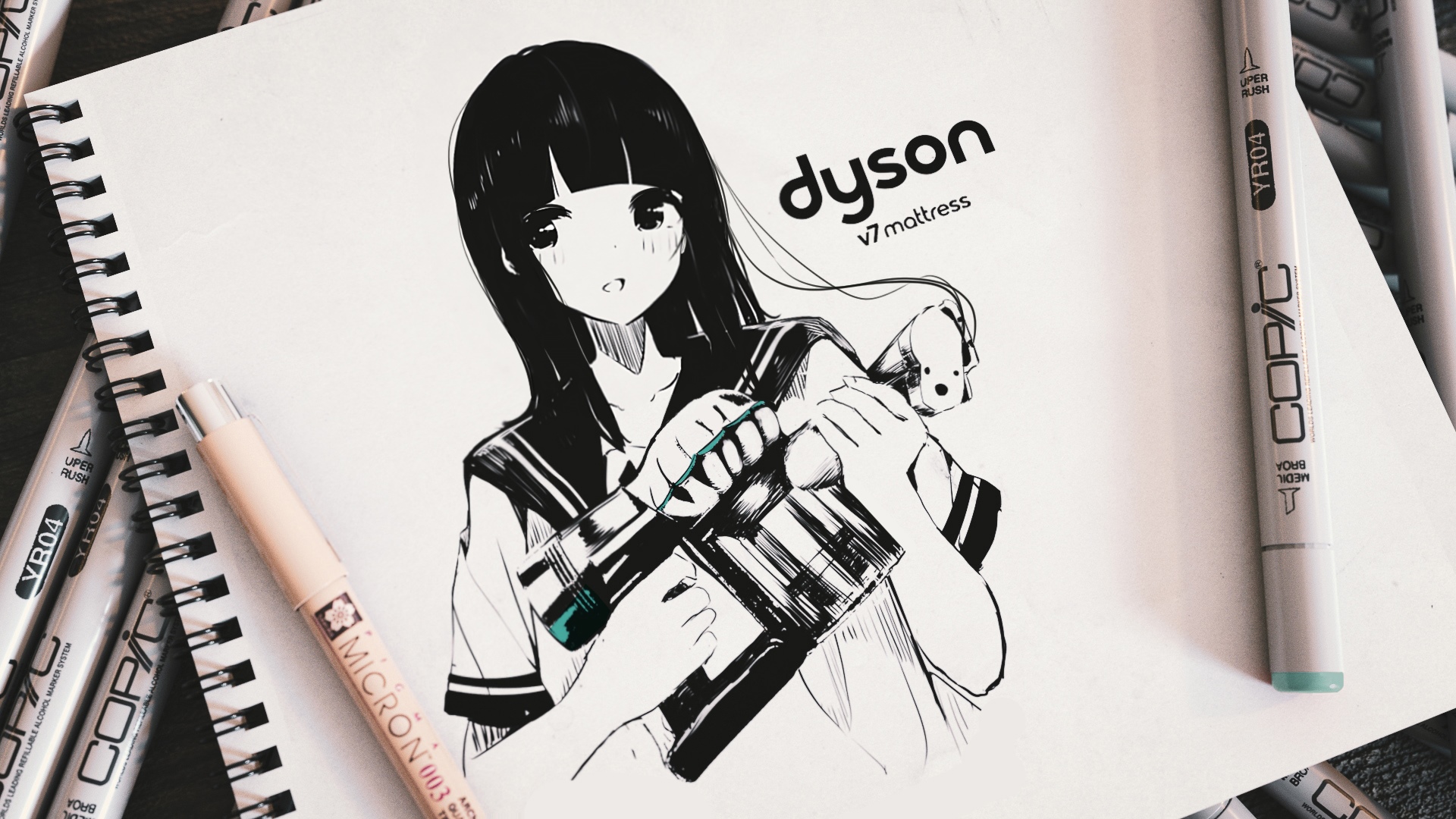 Anime girl with Dyson V7 mattress drawing HD Wallpaper