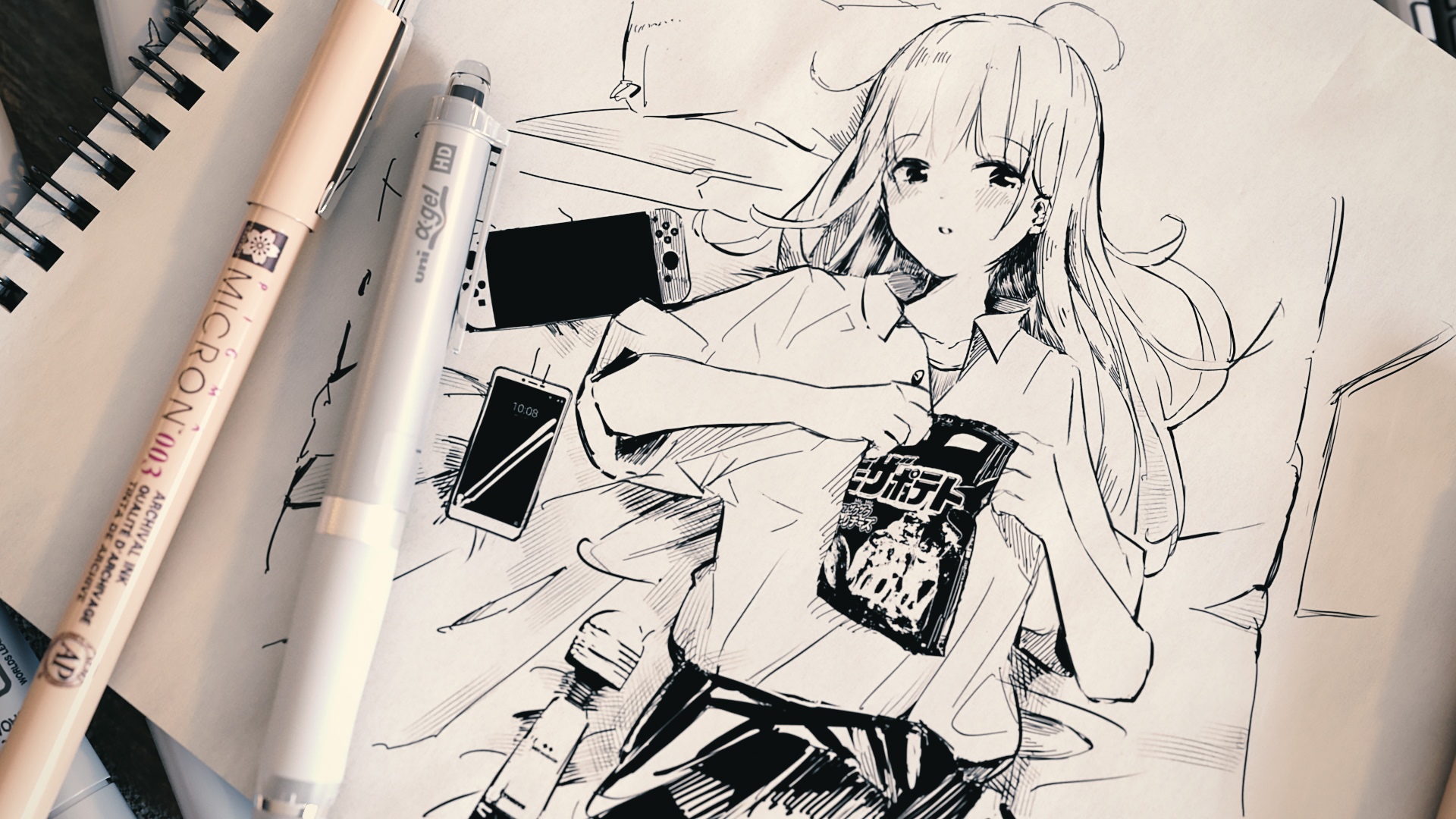 Anime girl with snacks and Nintendo Switch HD Wallpaper