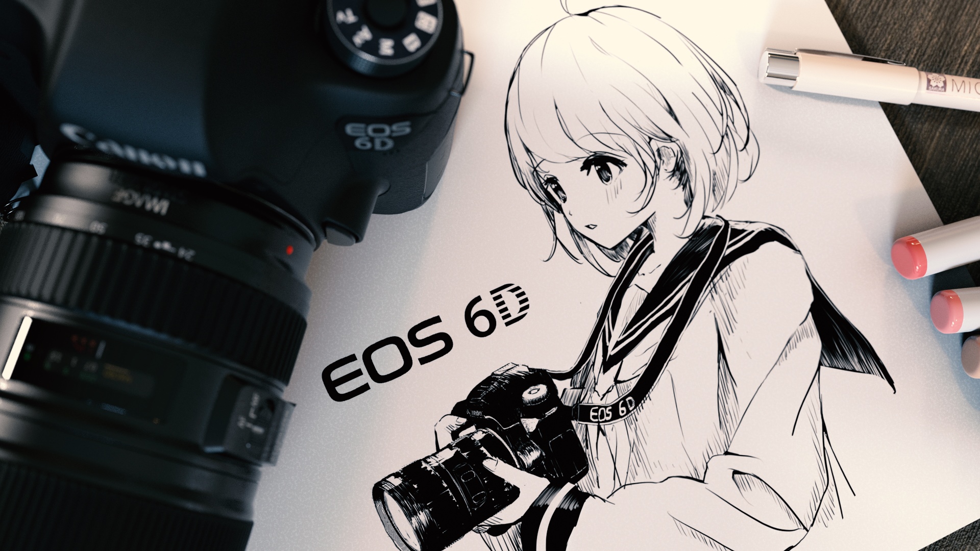 Anime girl with Canon EOS 6D camera and drawing supplies HD Wallpaper