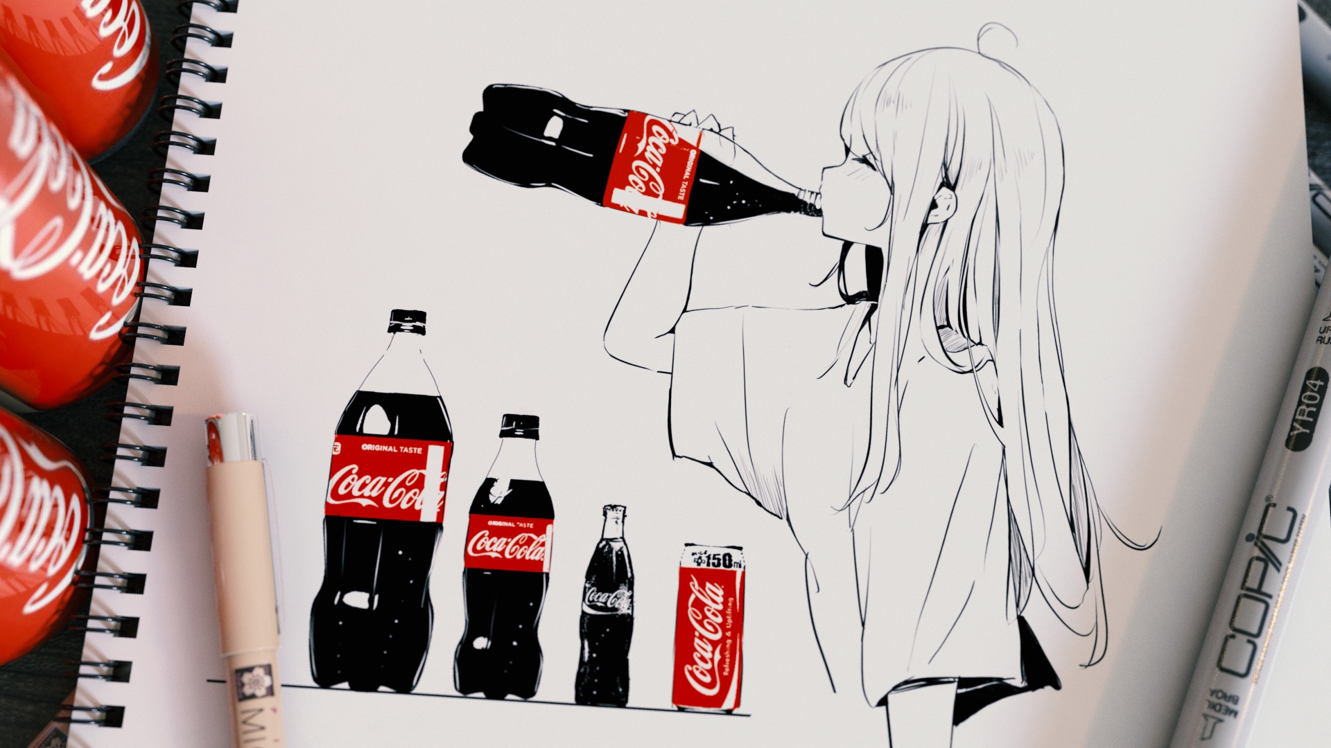 Anime girl drinking Coca-Cola from a bottle HD Wallpaper
