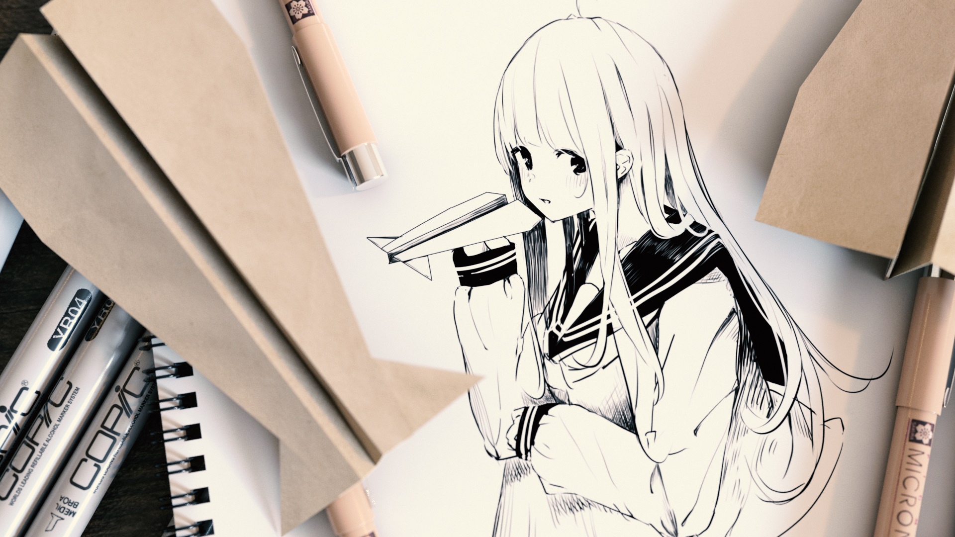 Anime girl in school uniform holding a paper airplane HD Wallpaper