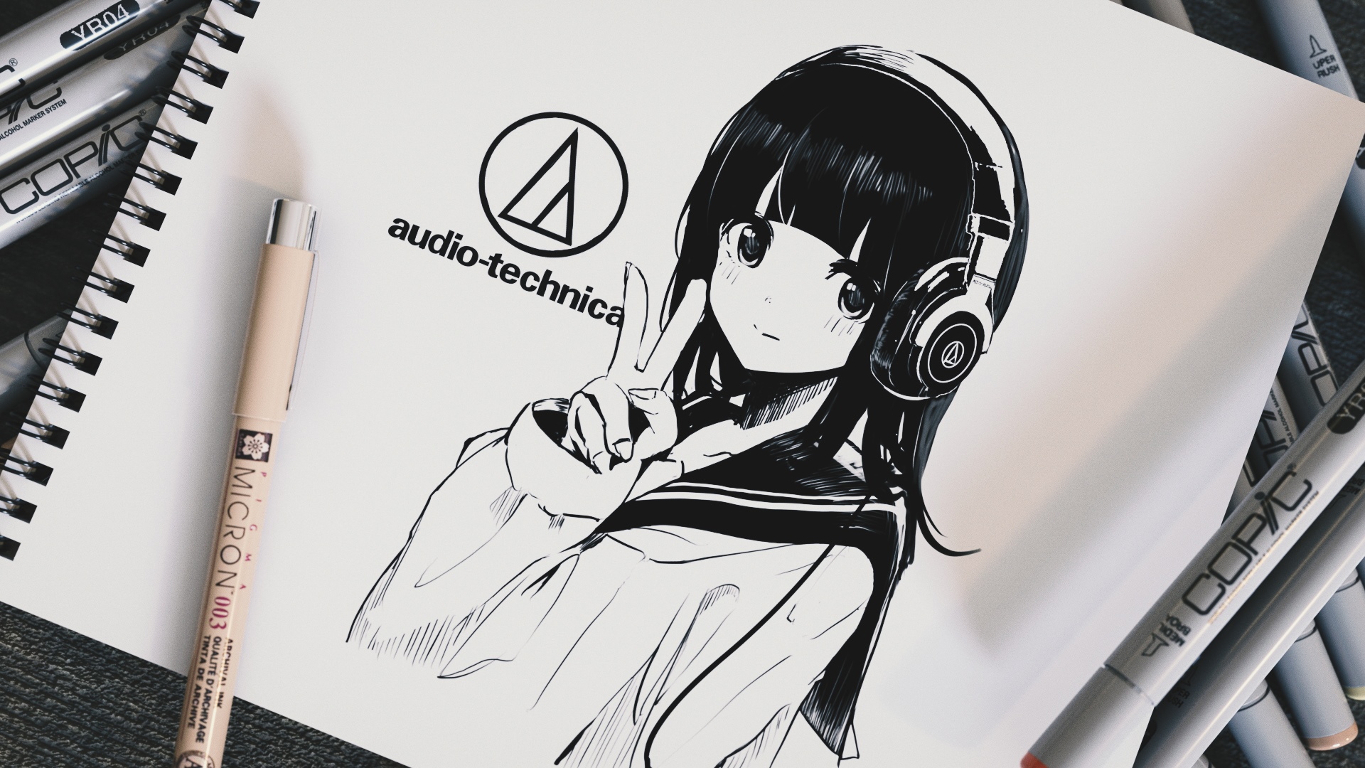 Anime girl with Audio-Technica headphones drawing HD Wallpaper
