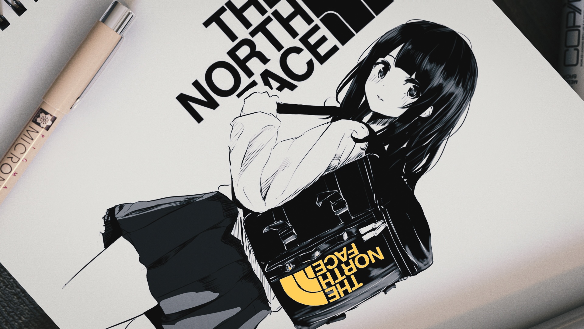 Anime girl with The North Face bag HD Wallpaper