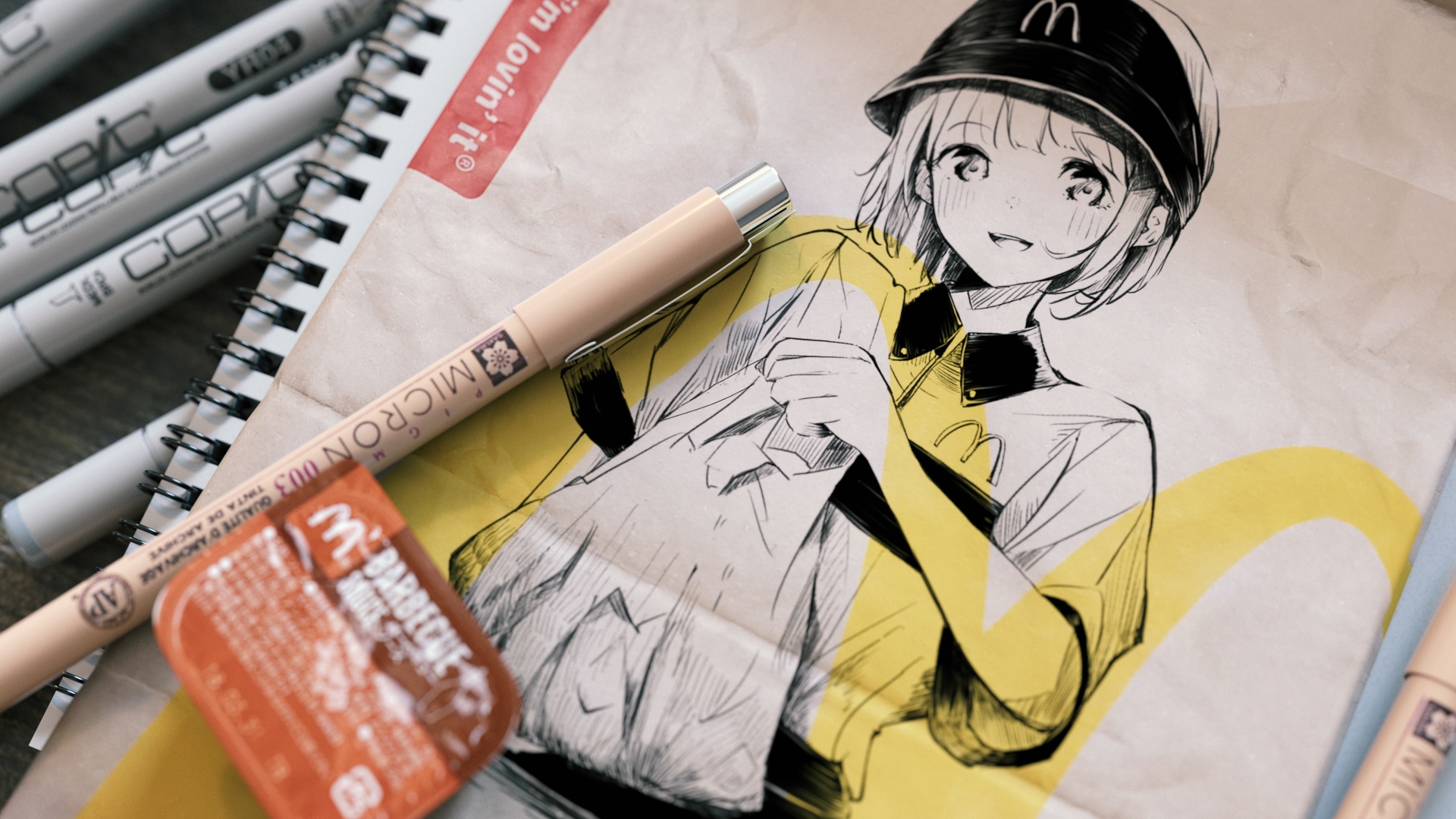McDonald's anime girl drawing with art supplies HD Wallpaper