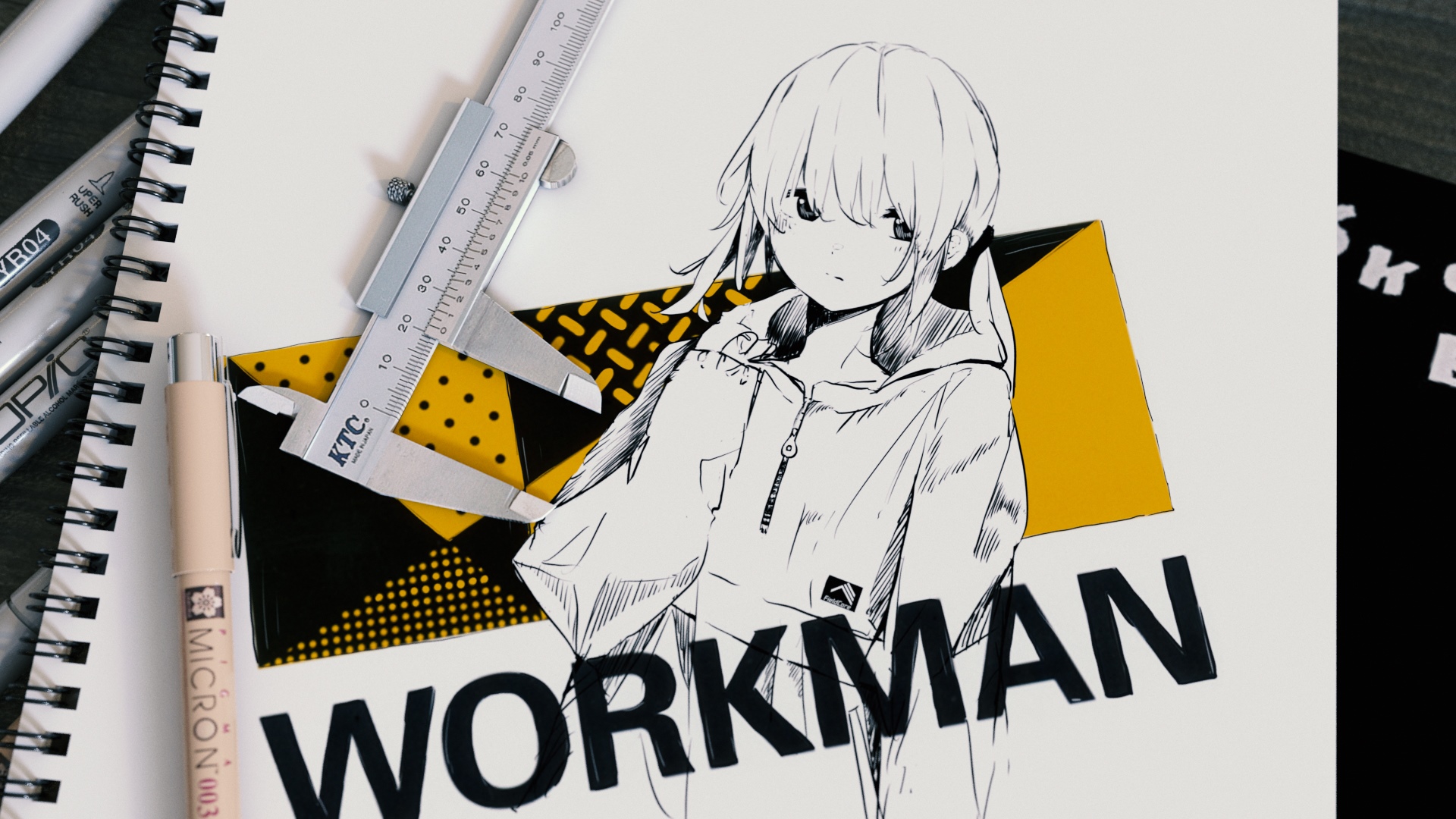Anime girl illustration with "WORKMAN" text HD Wallpaper