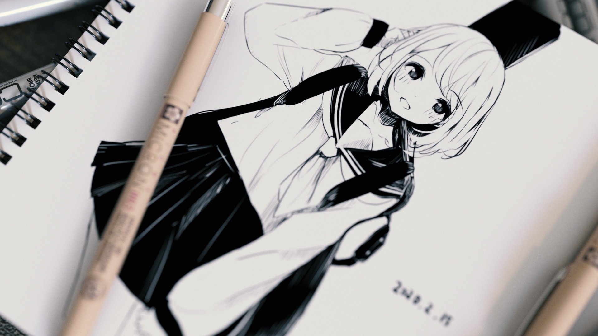 Anime girl in school uniform drawing HD Wallpaper