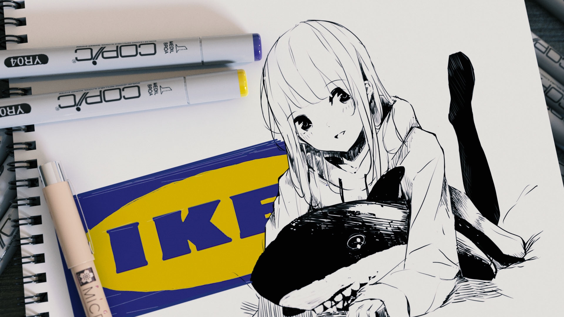 Anime girl with shark plush in front of IKEA logo HD Wallpaper