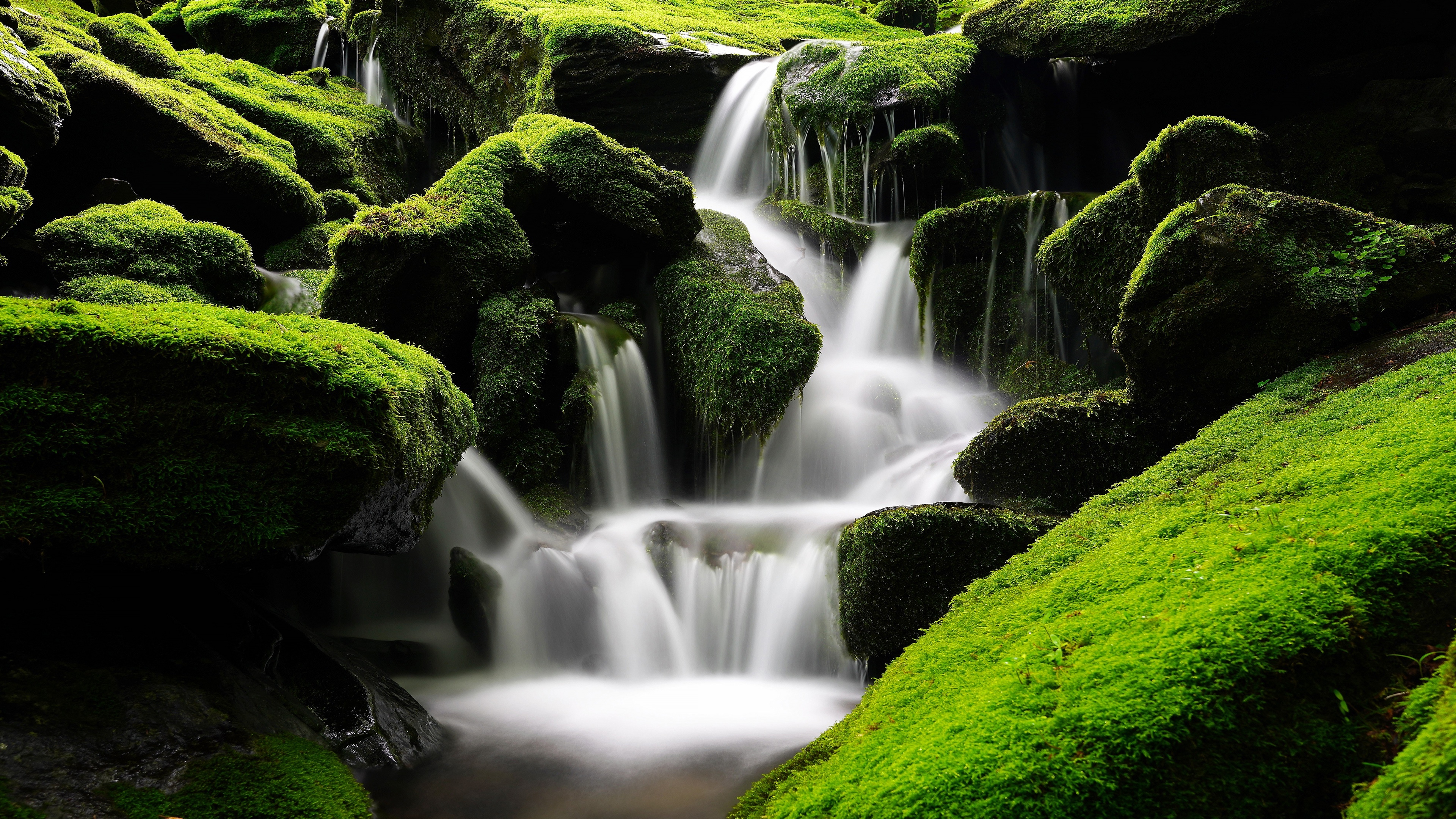 4K waterfall cascading over moss-covered rocks HD Wallpaper