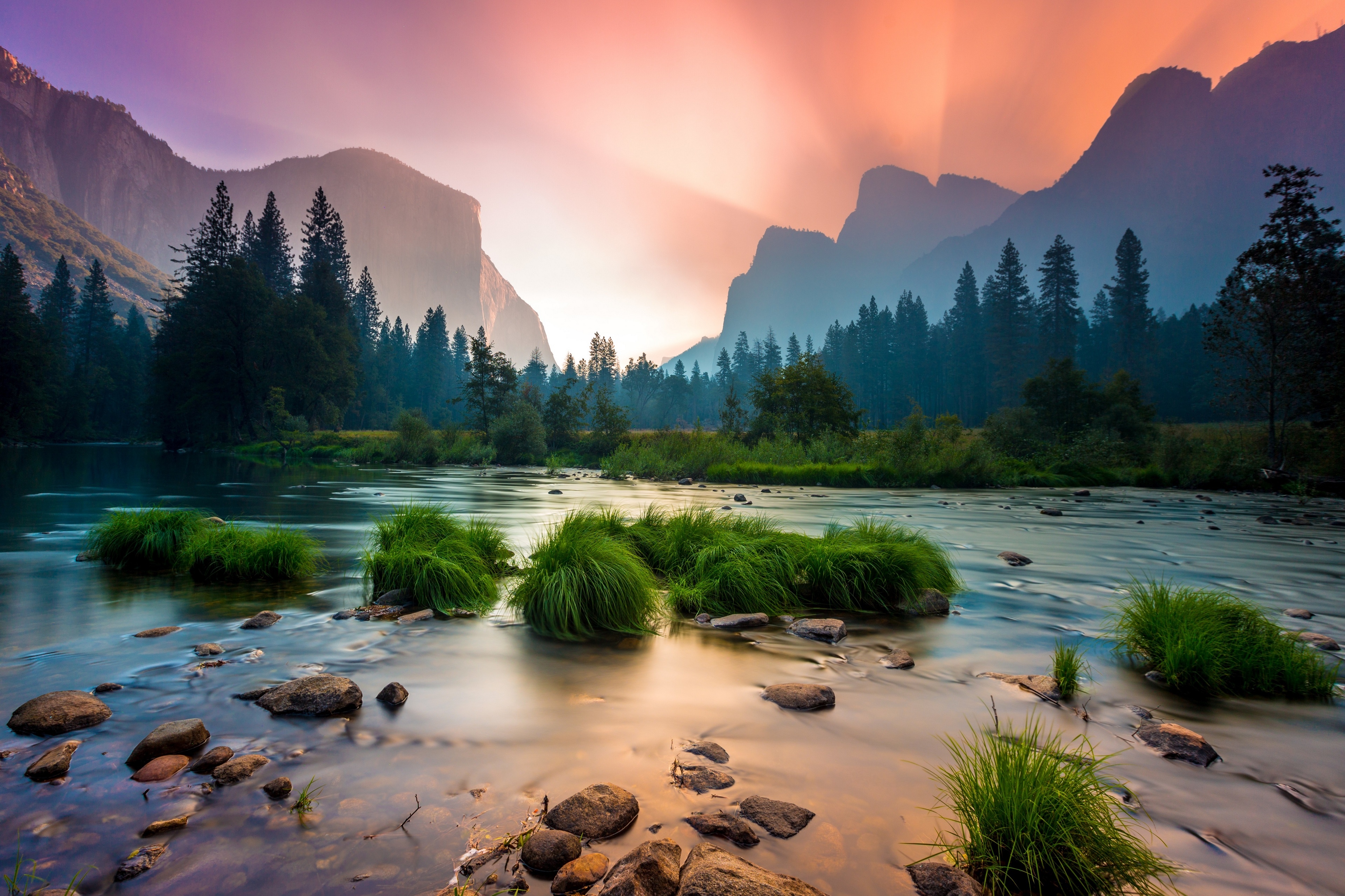 4K Yosemite National Park sunset over river and mountains HD Wallpaper