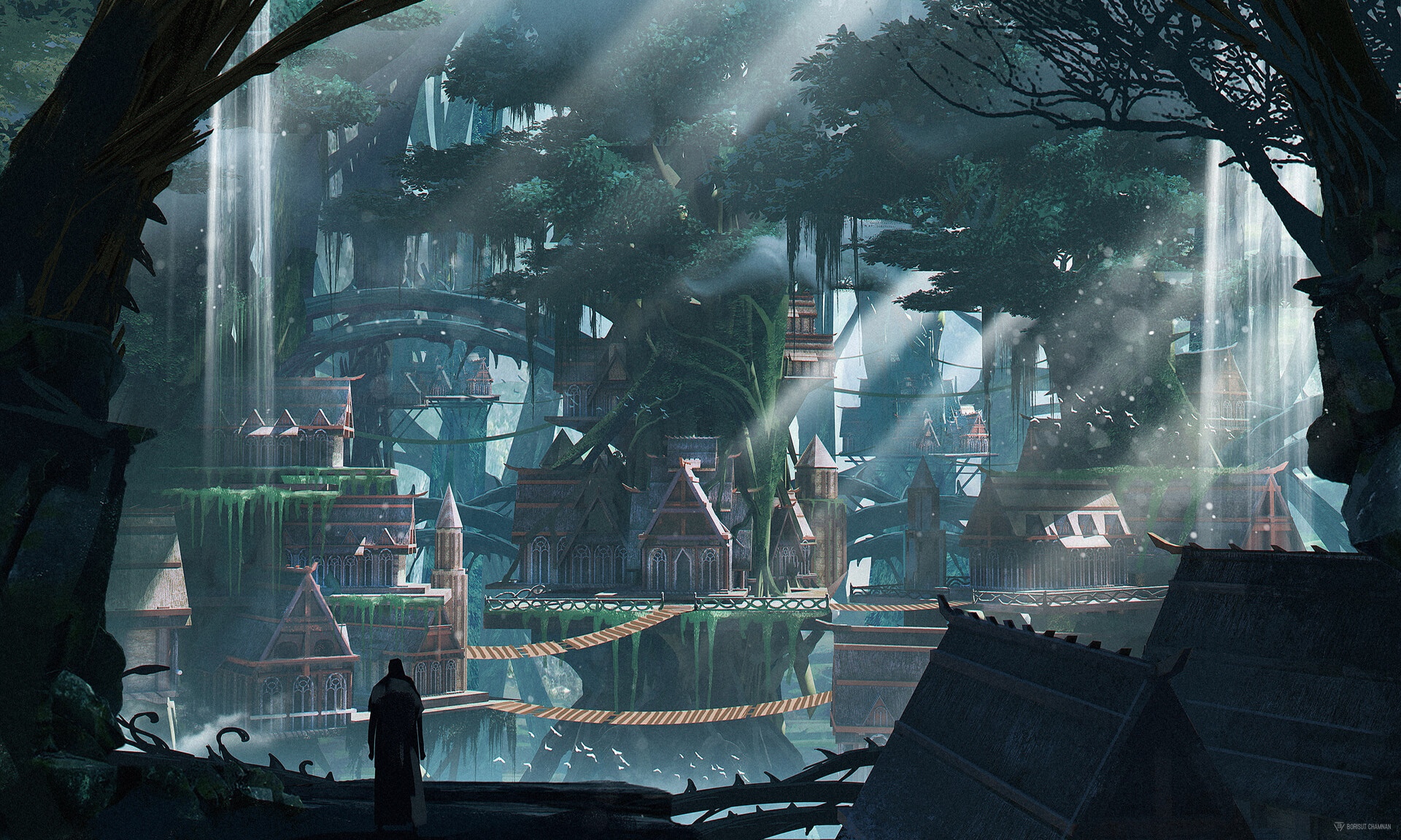 Fantasy art of a city in the trees HD Wallpaper