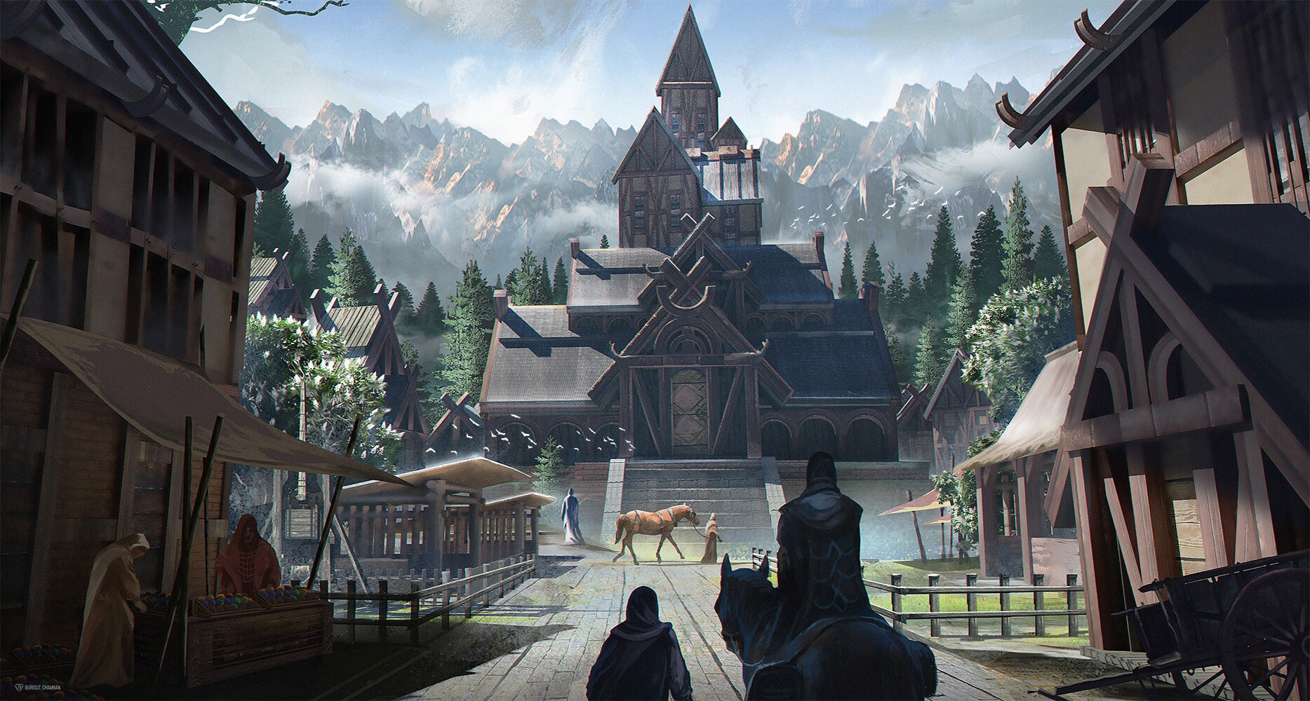 Fantasy village with large wooden building and mountains HD Wallpaper