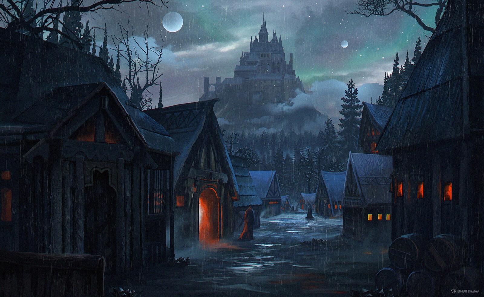 Fantasy Village with Castle in the Rain HD Wallpaper