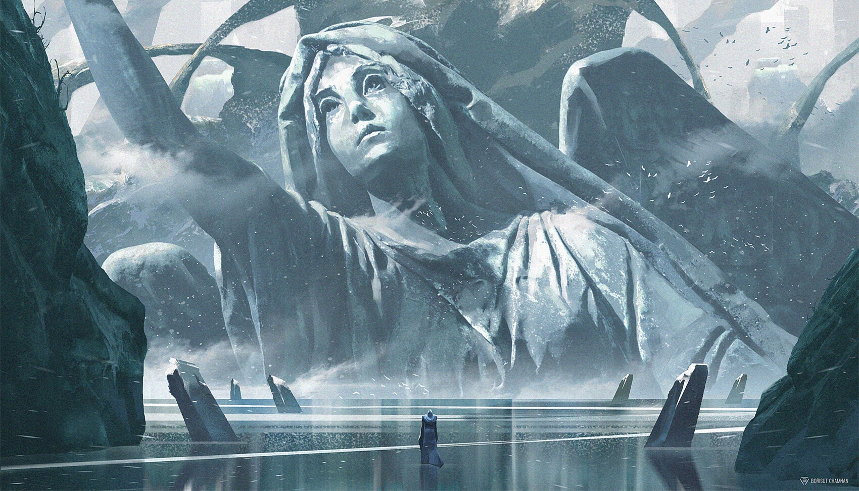 Borisut Chamnan's Fantasy Art of a Giant Statue HD Wallpaper