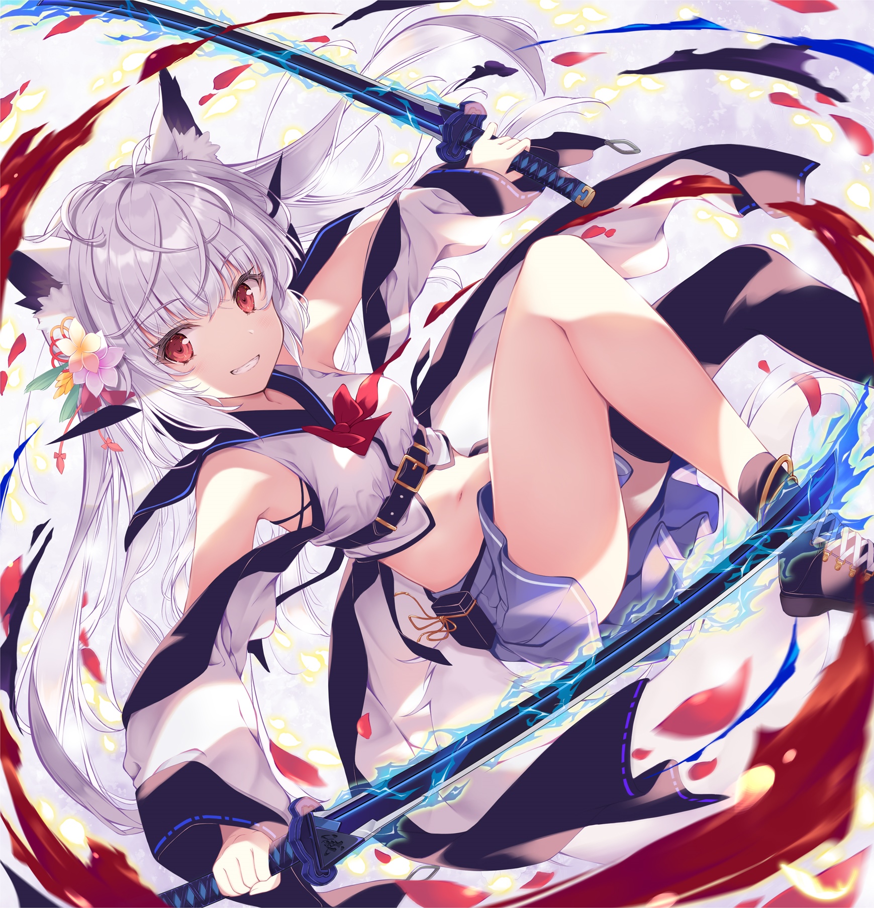Tenmu fox girl with silver hair and swords HD Wallpaper