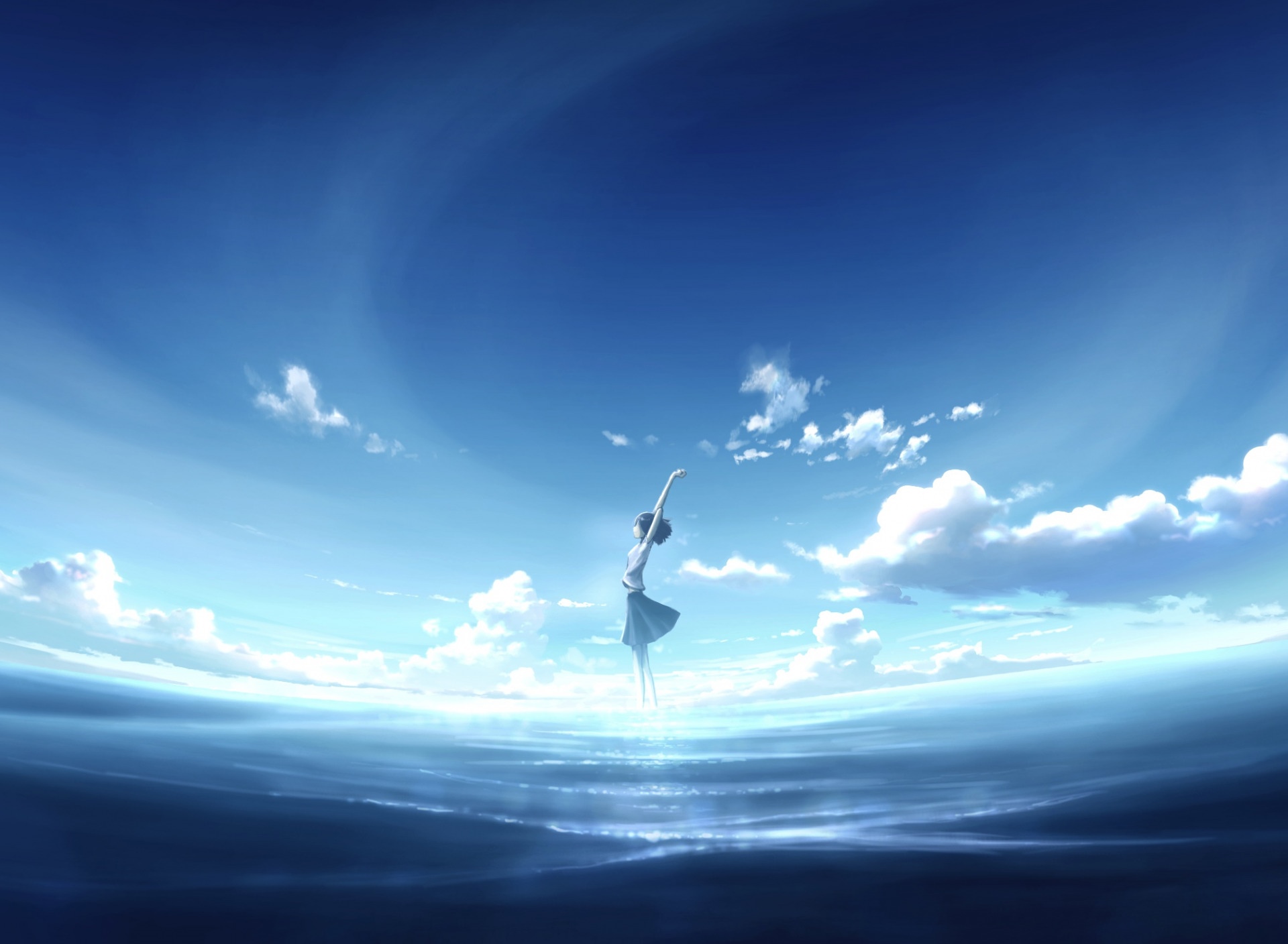 A girl dances on the sea under a blue sky HD Wallpaper