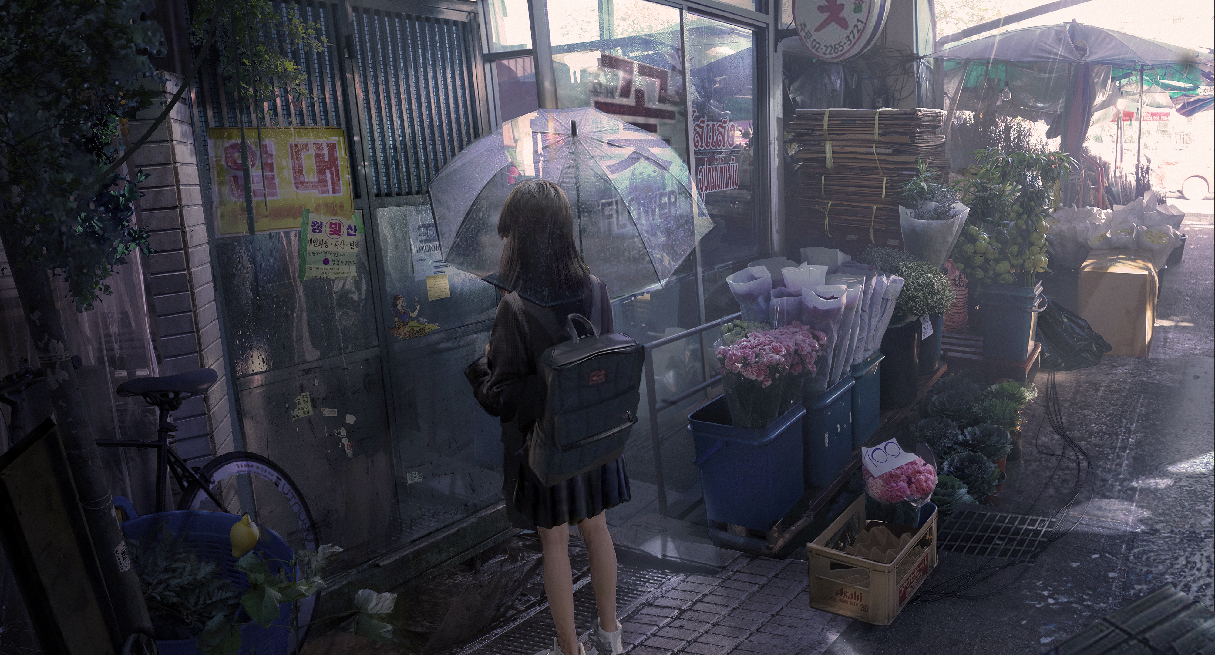 4K Flower Shop in the Rain HD Wallpaper
