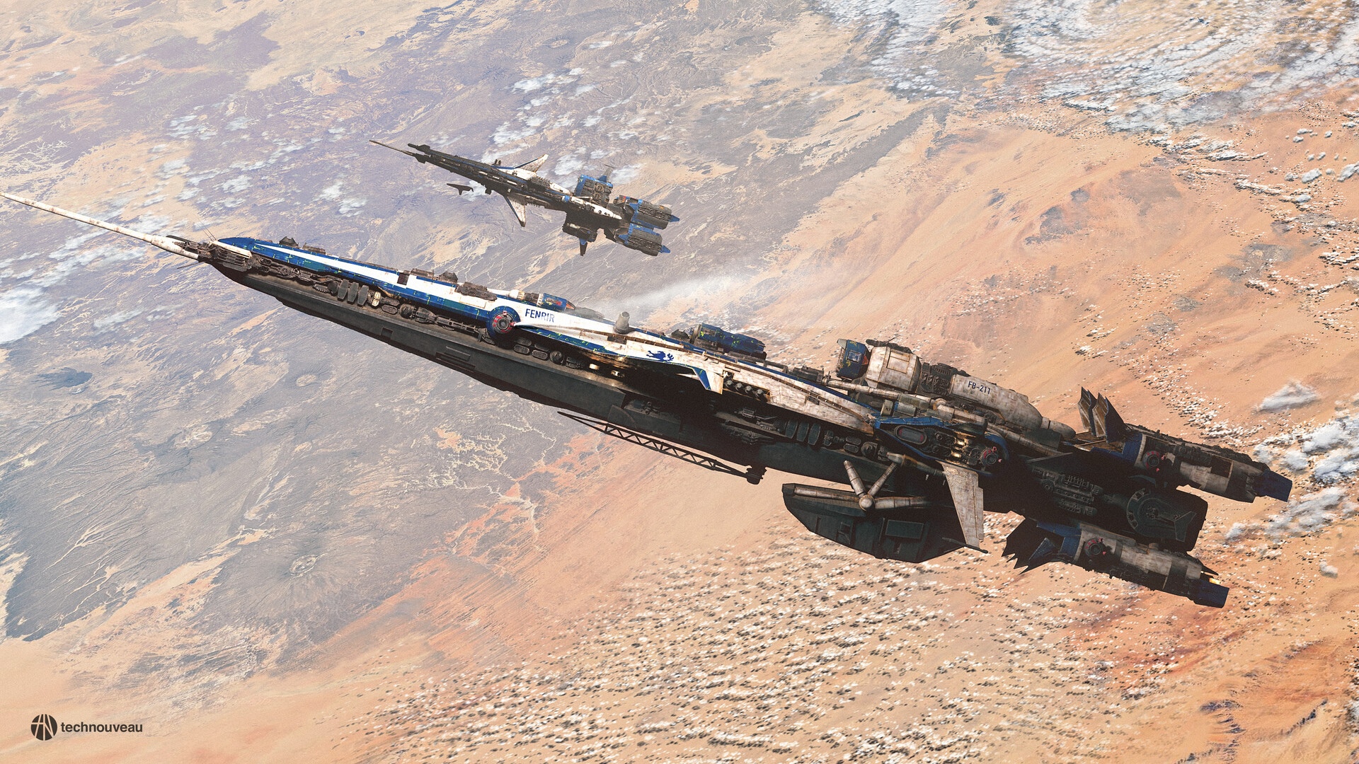 Spaceships orbiting a desert planet HD Wallpaper