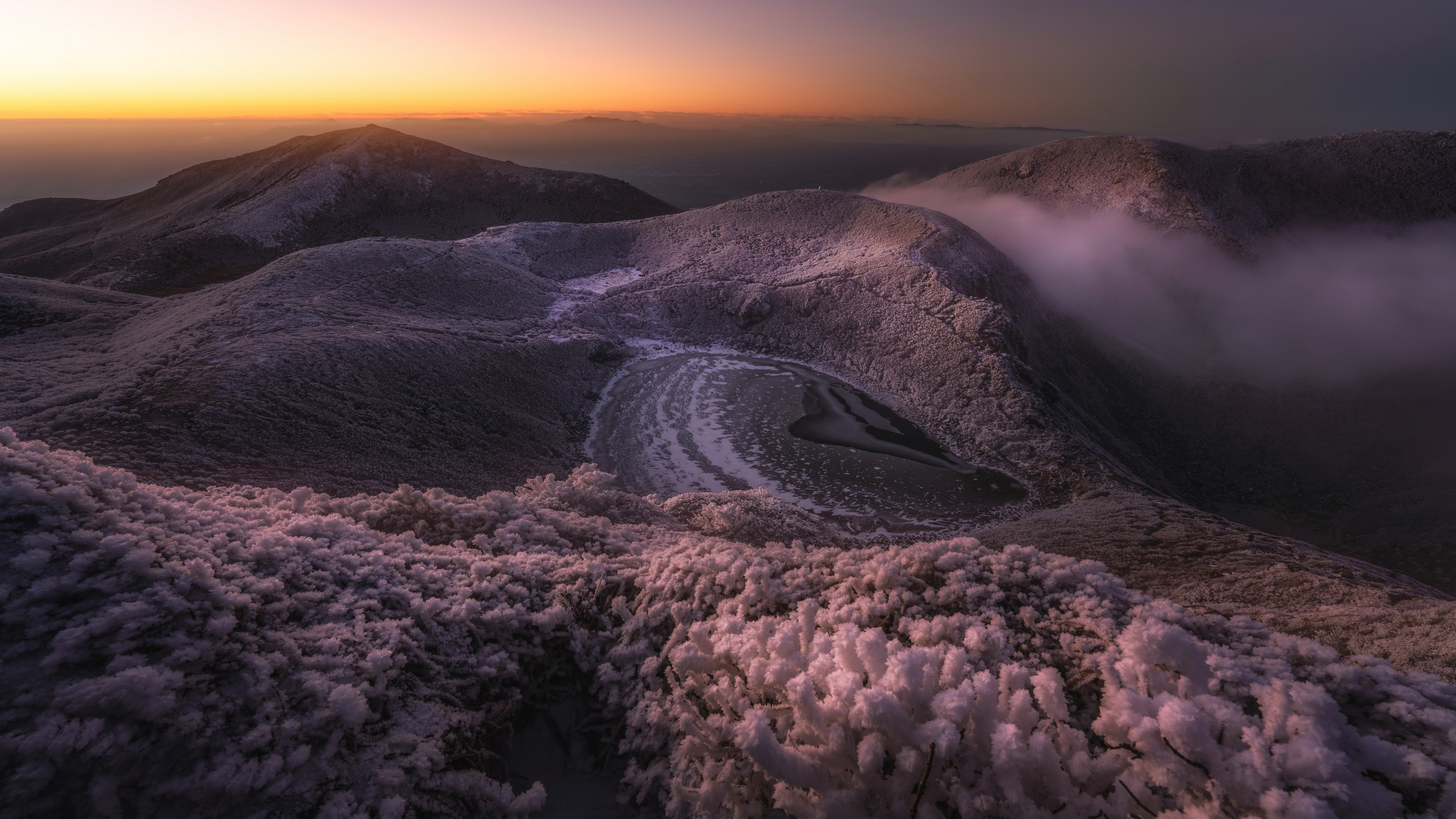 Winter landscape with frozen lake at sunrise HD Wallpaper