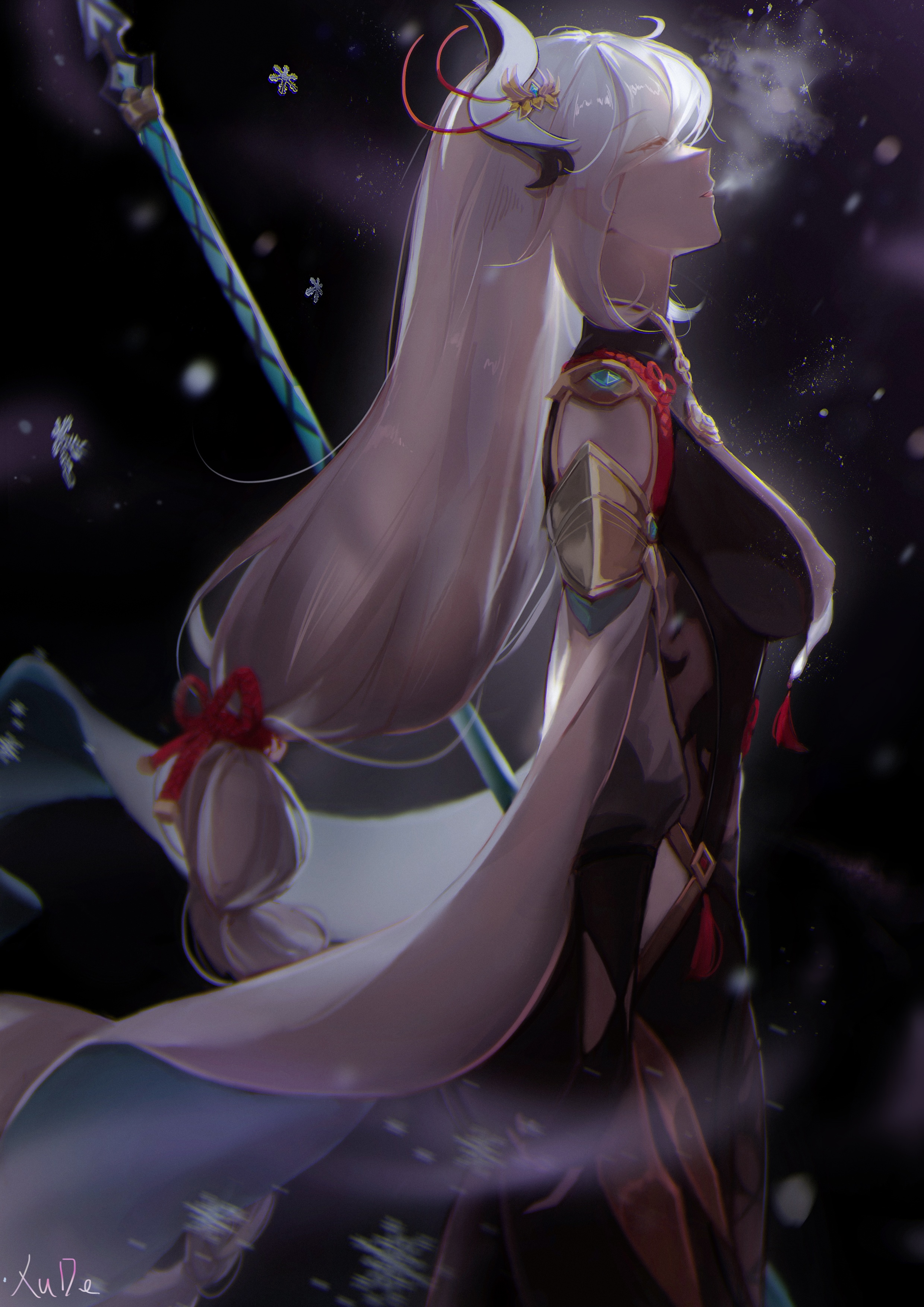 Shenhe from Genshin Impact with a spear in the snow HD Phone Wallpaper