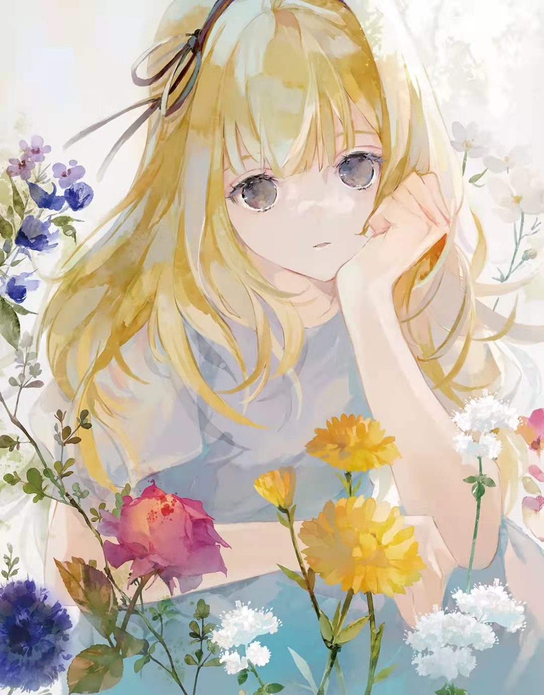 Anime girl with blonde hair and flowers HD Phone Wallpaper