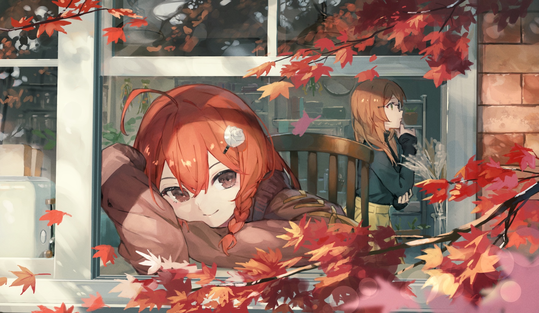 Anime girls in fall by the window HD Wallpaper