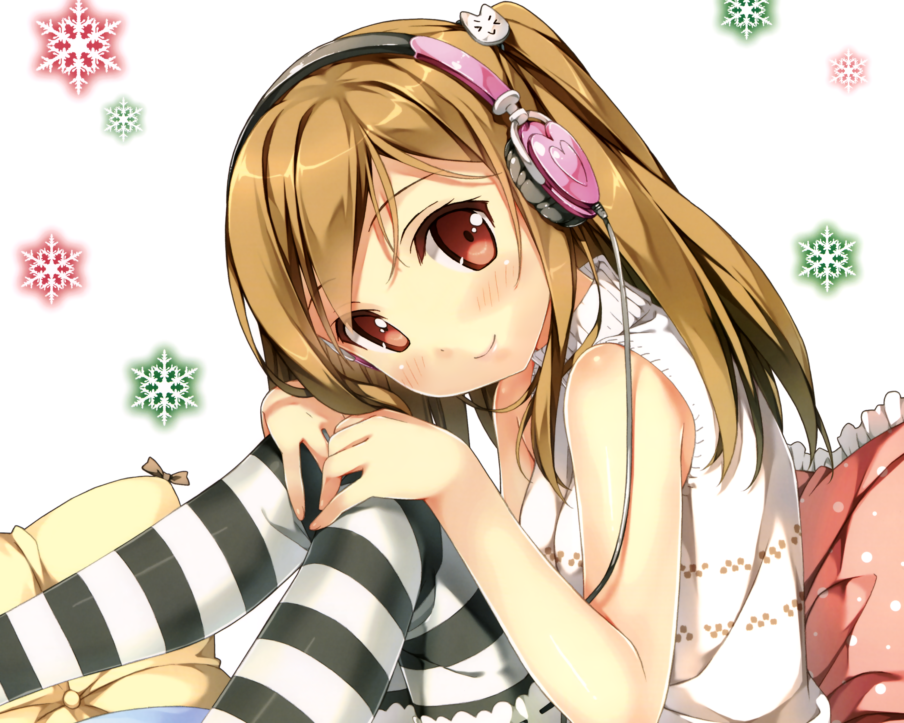 Anime girl with headphones holding knees HD Wallpaper