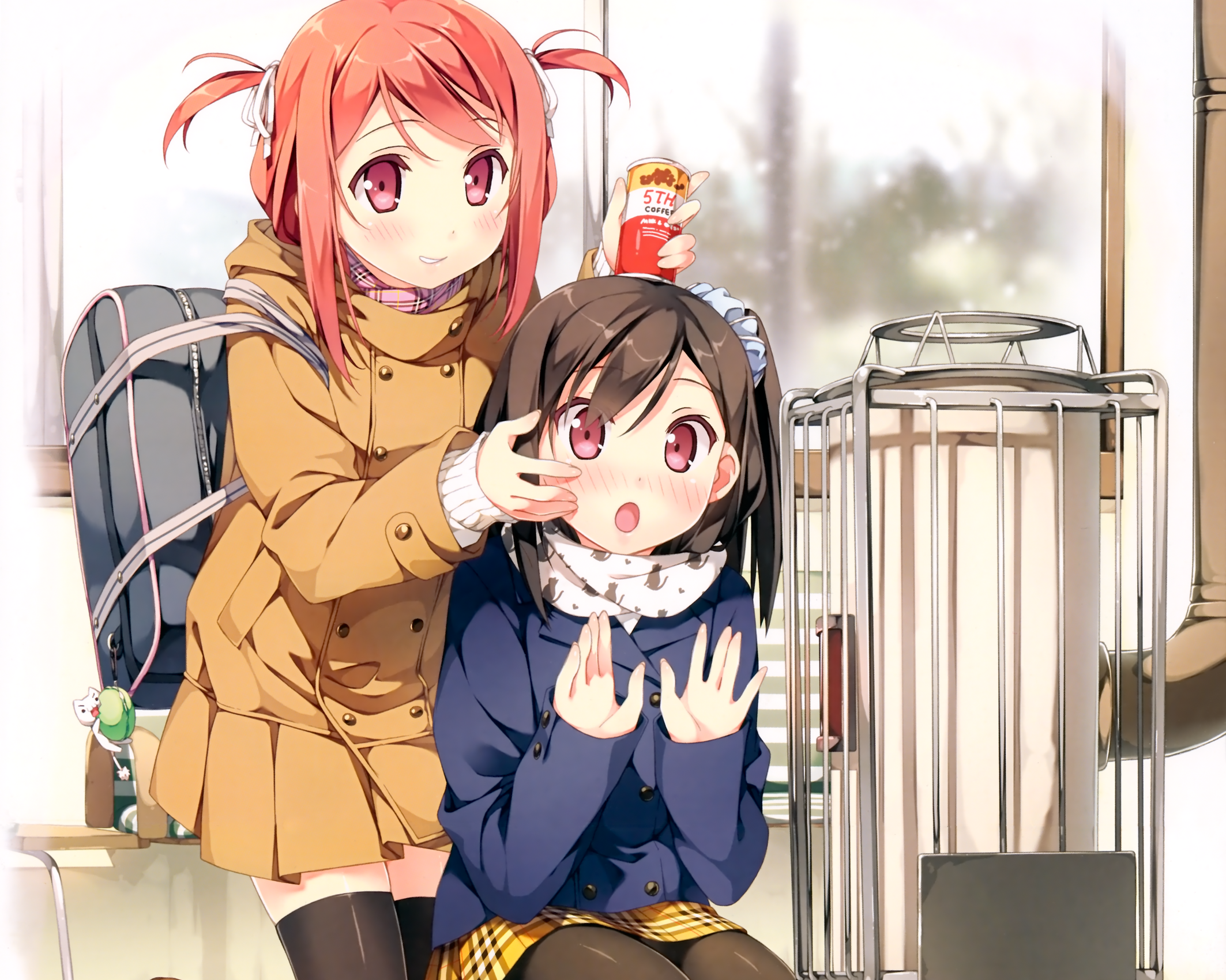 Artwork by Kantoku featuring two girls in winter coats HD Wallpaper