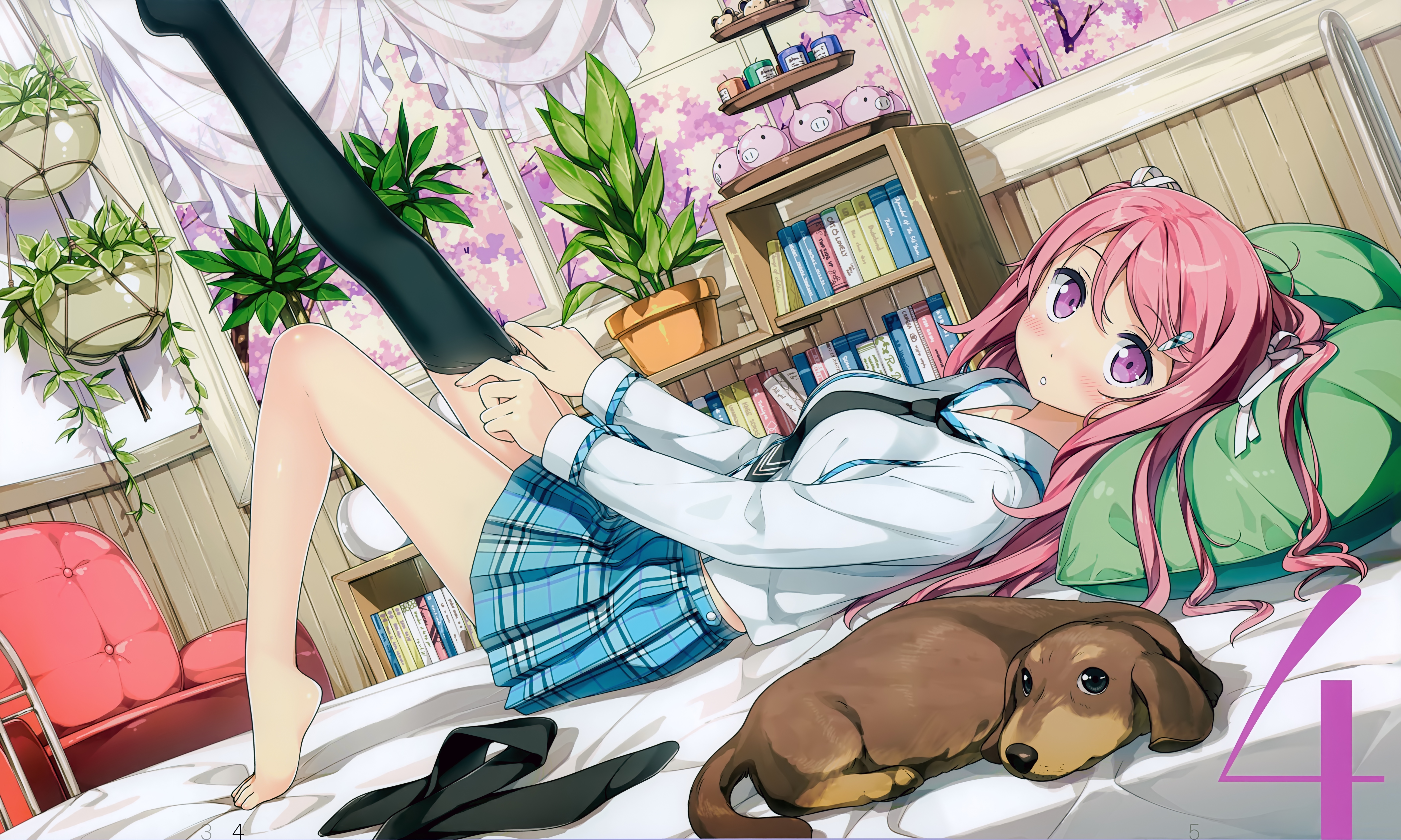 Afterschool of the 5th year: Girl with pink hair and dog HD Wallpaper