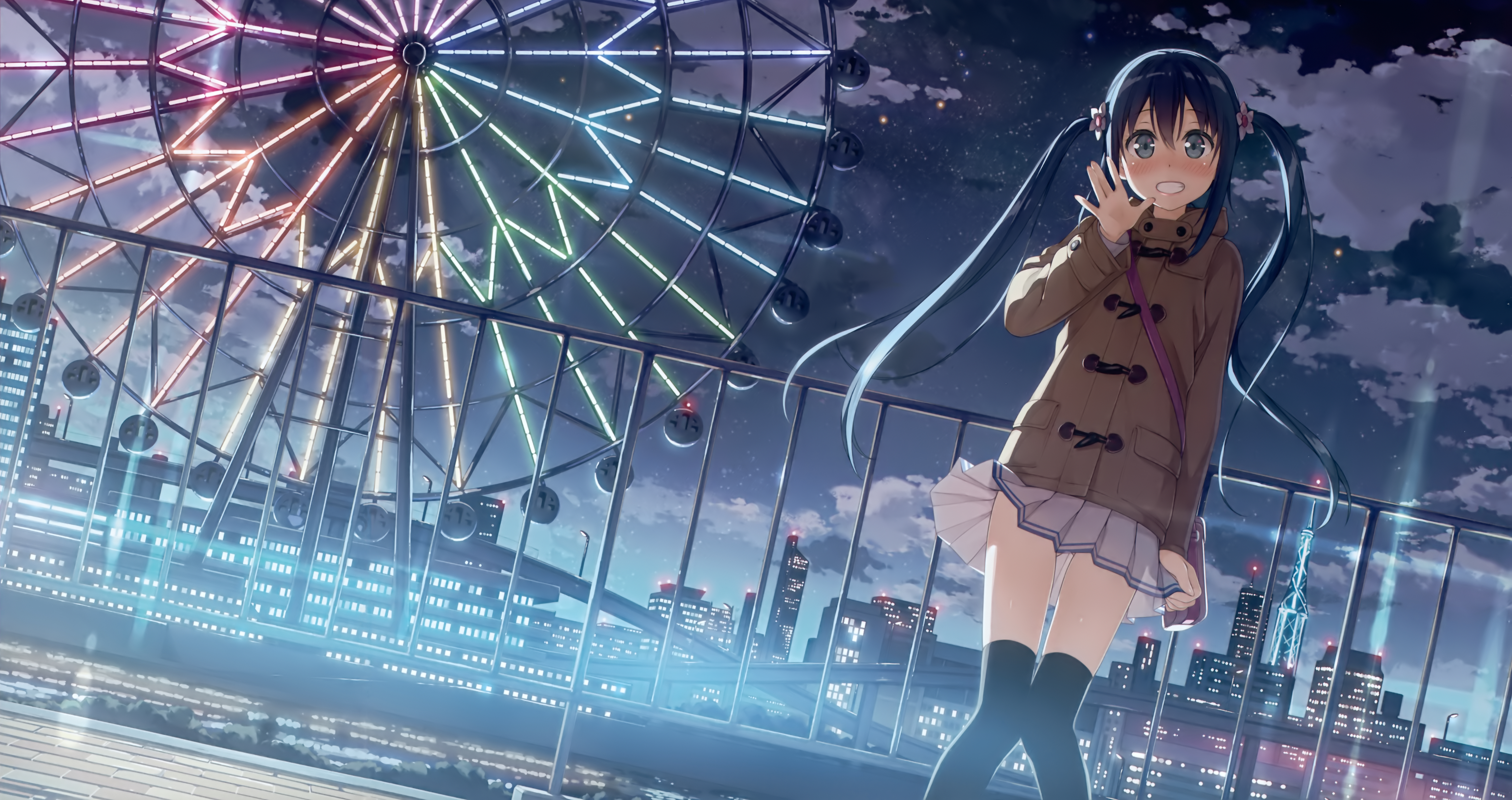 4K Night City Lights with Ferris Wheel and Girl HD Wallpaper