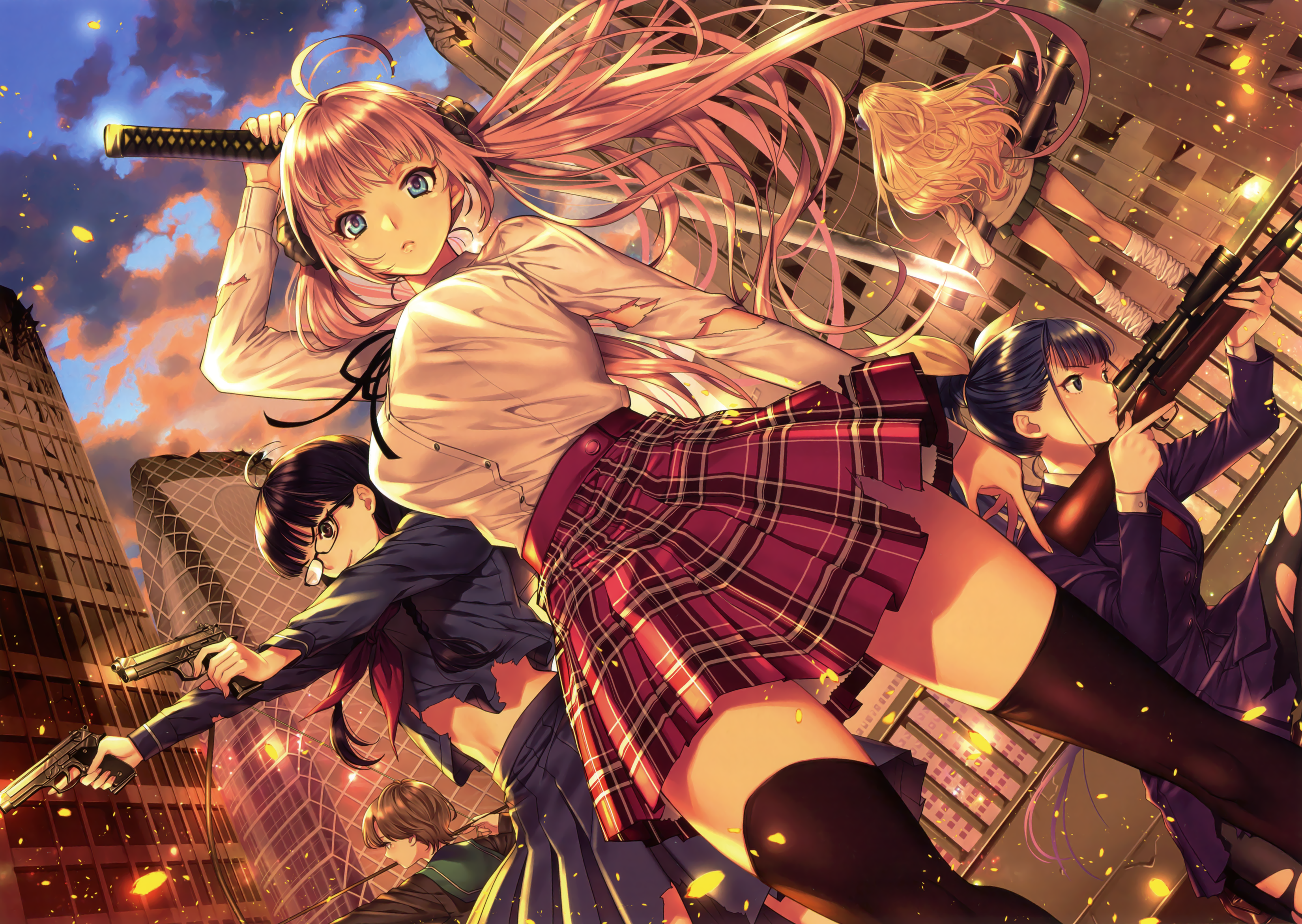 Anime girls in school uniforms with weapons HD Wallpaper