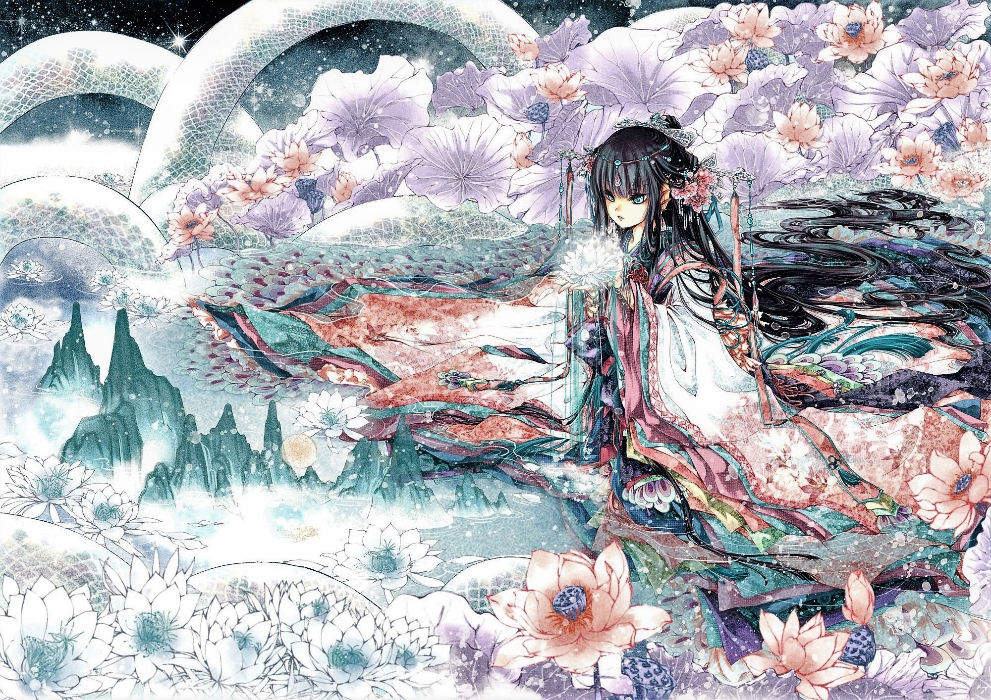 Anime girl in Japanese clothes with lotus flowers HD Wallpaper