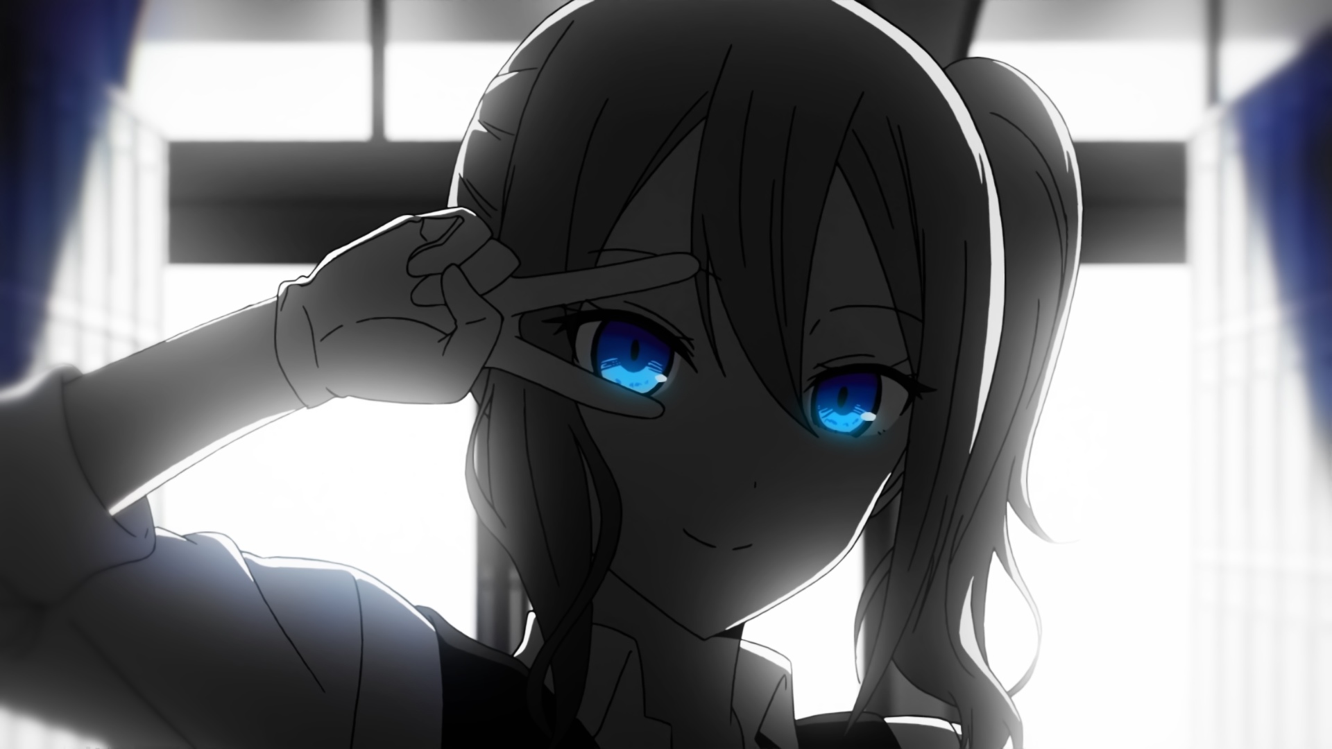 Ai Hayasaka with glowing blue eyes making a peace sign HD Wallpaper