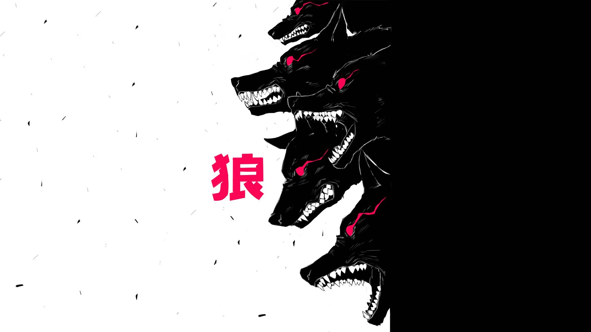 Four black wolves with red eyes and the kanji 狼 HD Wallpaper