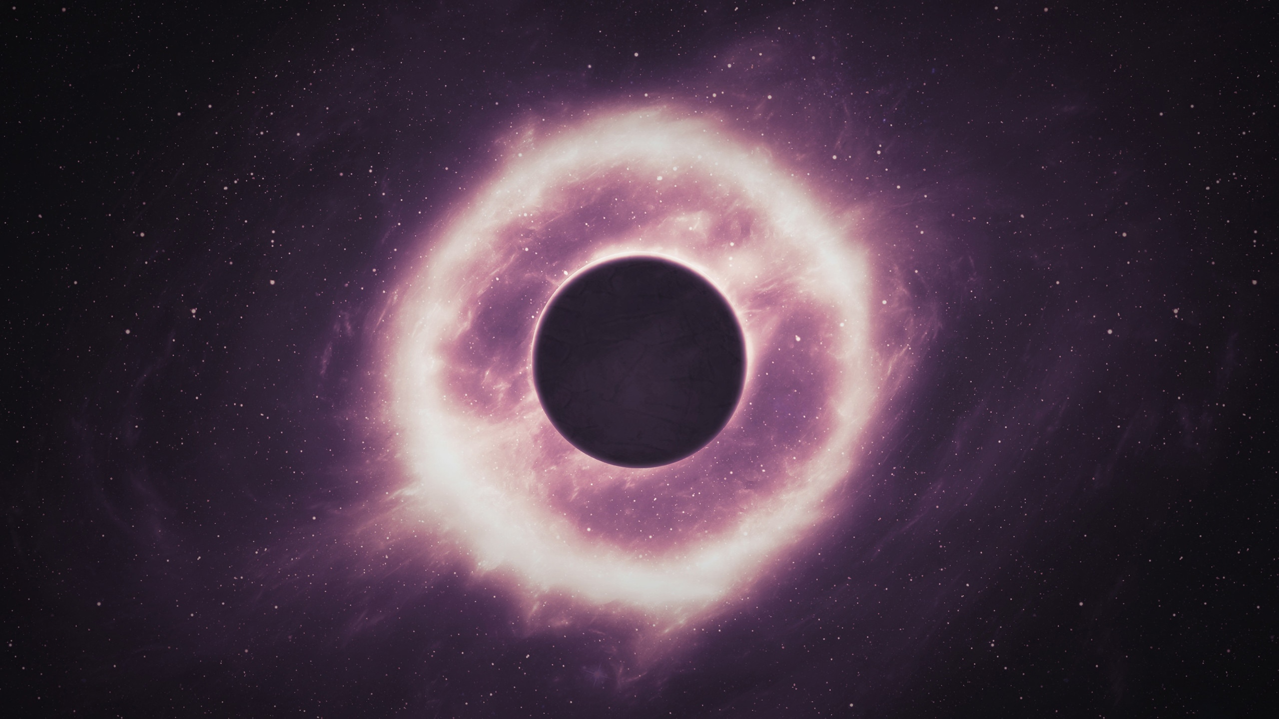 A dark planet eclipses a glowing nebula in space HD Wallpaper