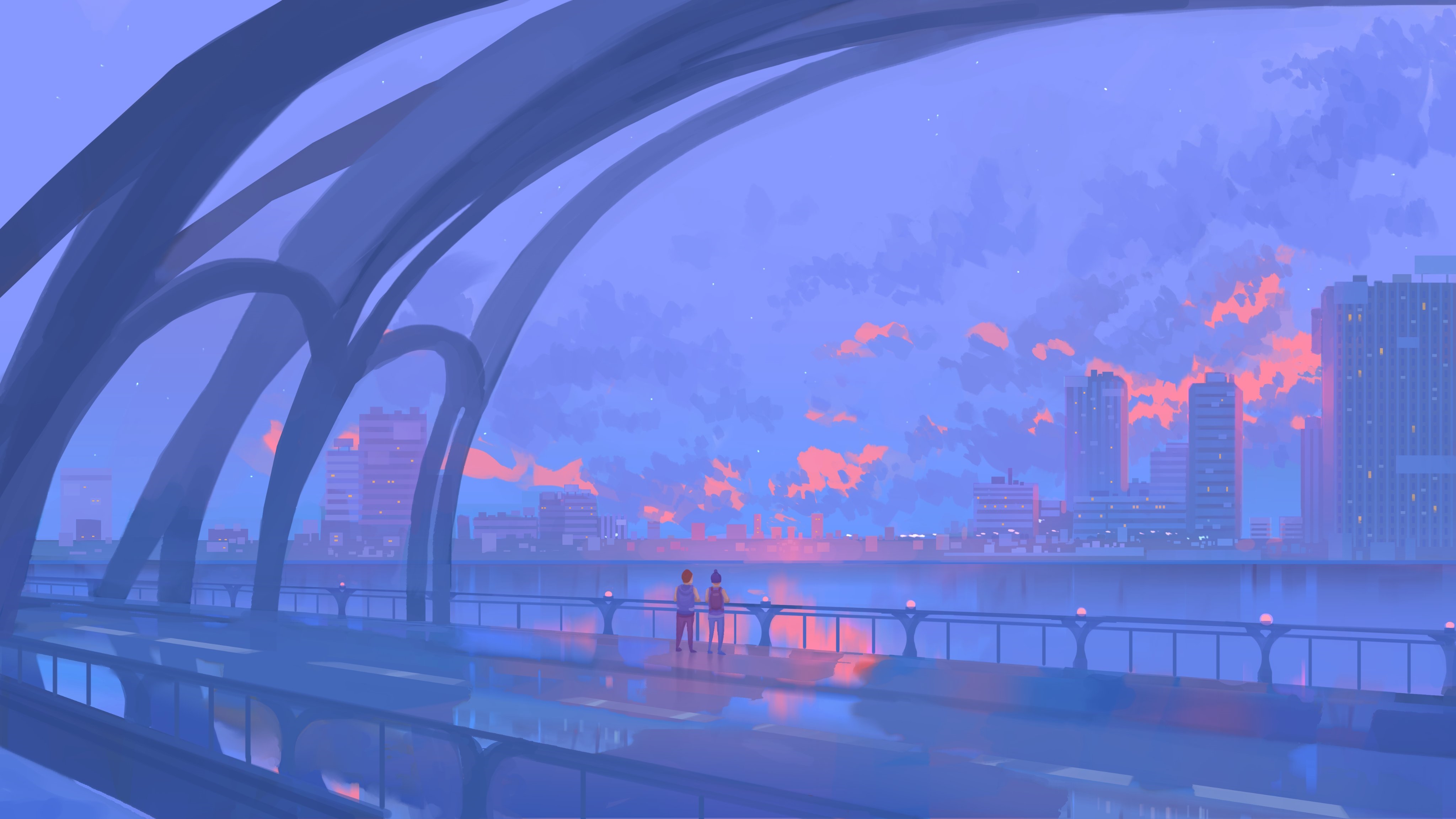 4K Sunset Cityscape with Two Figures HD Wallpaper