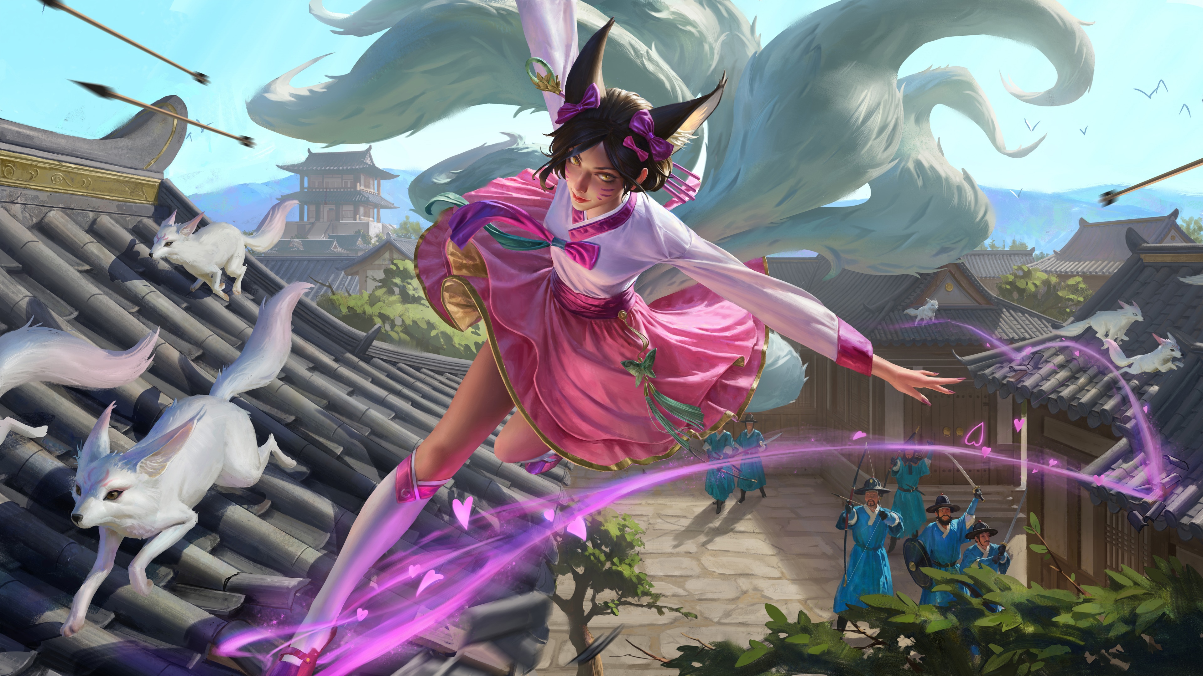 Ahri from League of Legends with Nine Tails and Foxes HD Wallpaper